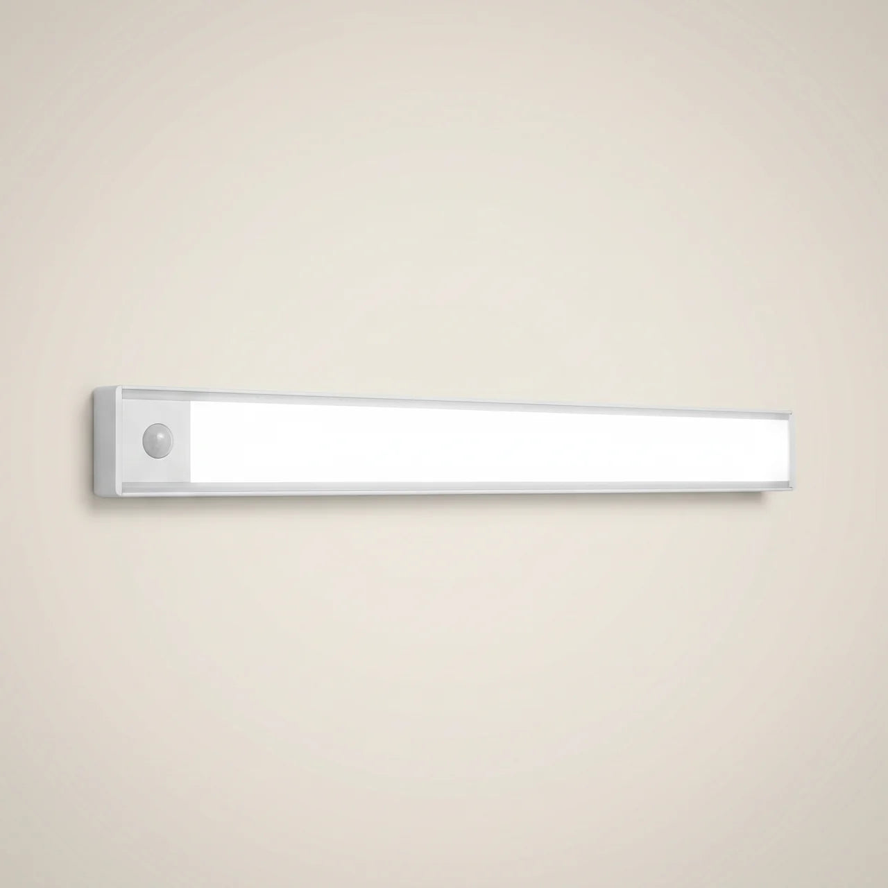 Aluminum silver linear motion sensor rechargeable 31-light under cabinet light shown front view with slim matte aluminum profile