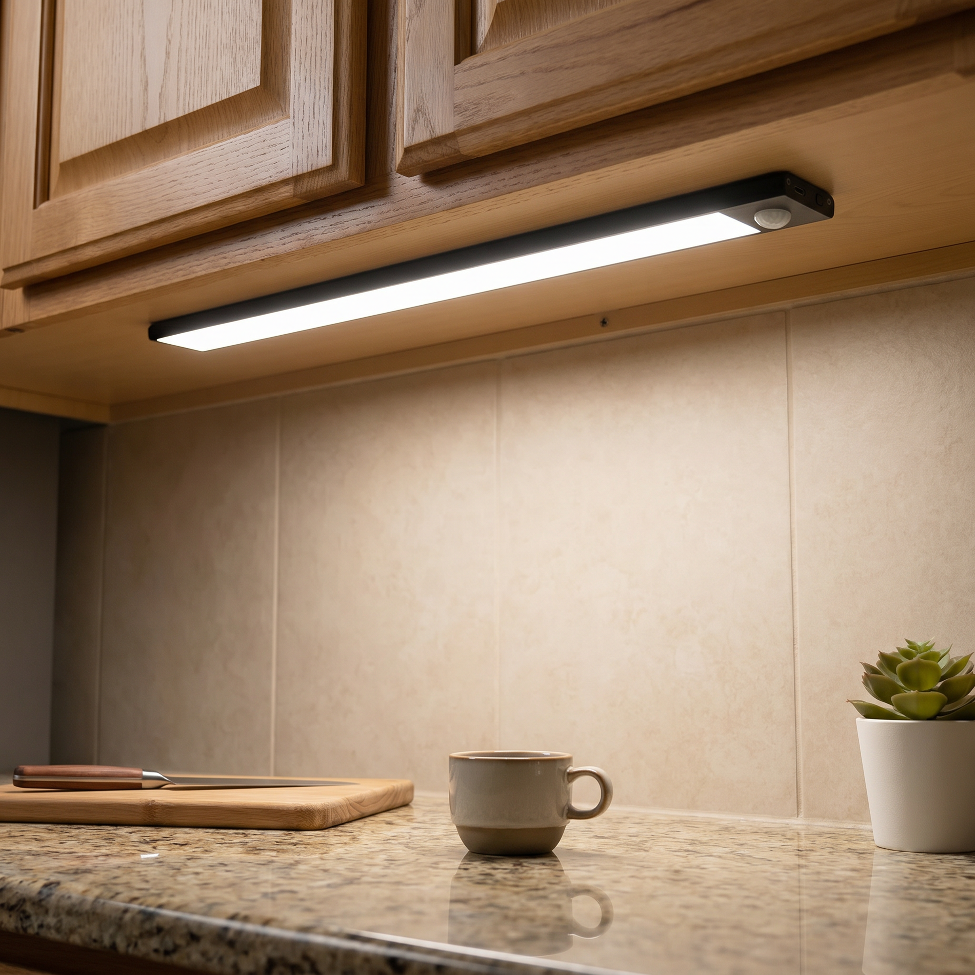 Side profile of aluminum silver linear motion sensor rechargeable under cabinet light unlit in ambient room showing magnetic mount installation