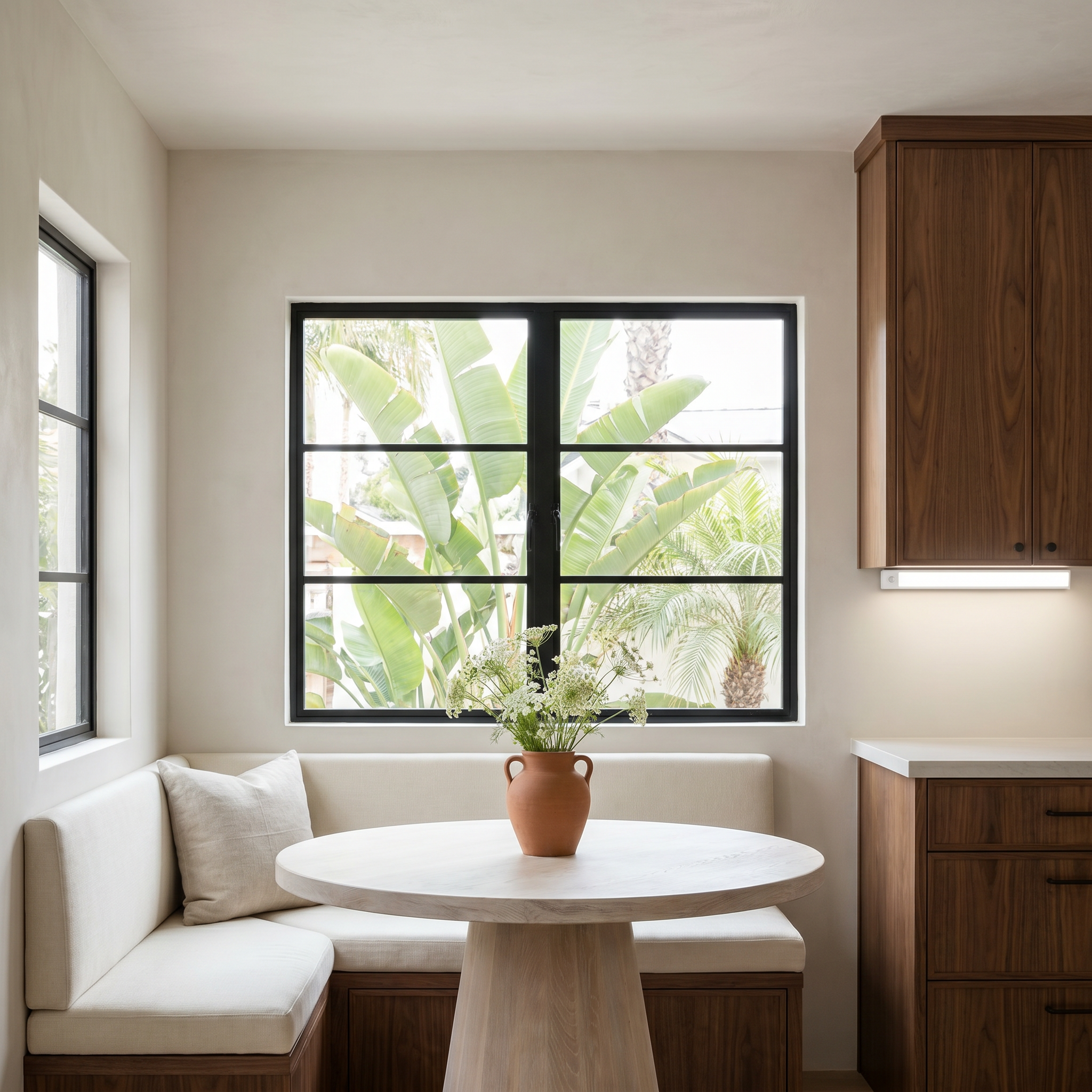 Aluminum silver linear motion sensor rechargeable under cabinet light at three-quarter angle lit on dining table with magnetic mount visible