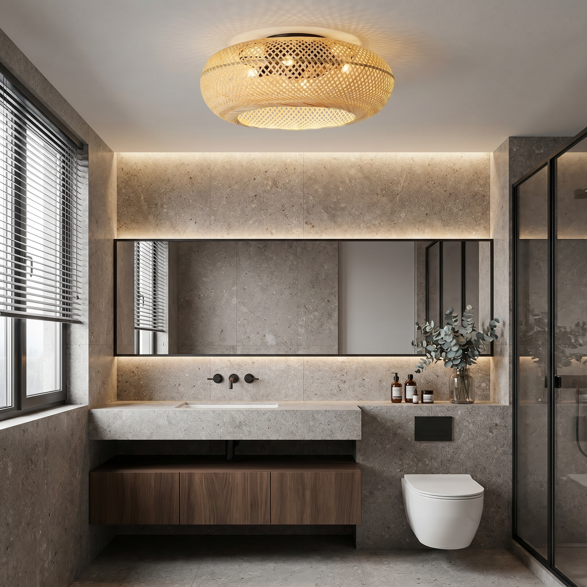 Bamboo oval remote control ceiling fan light shown in bathroom lifestyle scene with natural bamboo weave and semi-flush ceiling mount