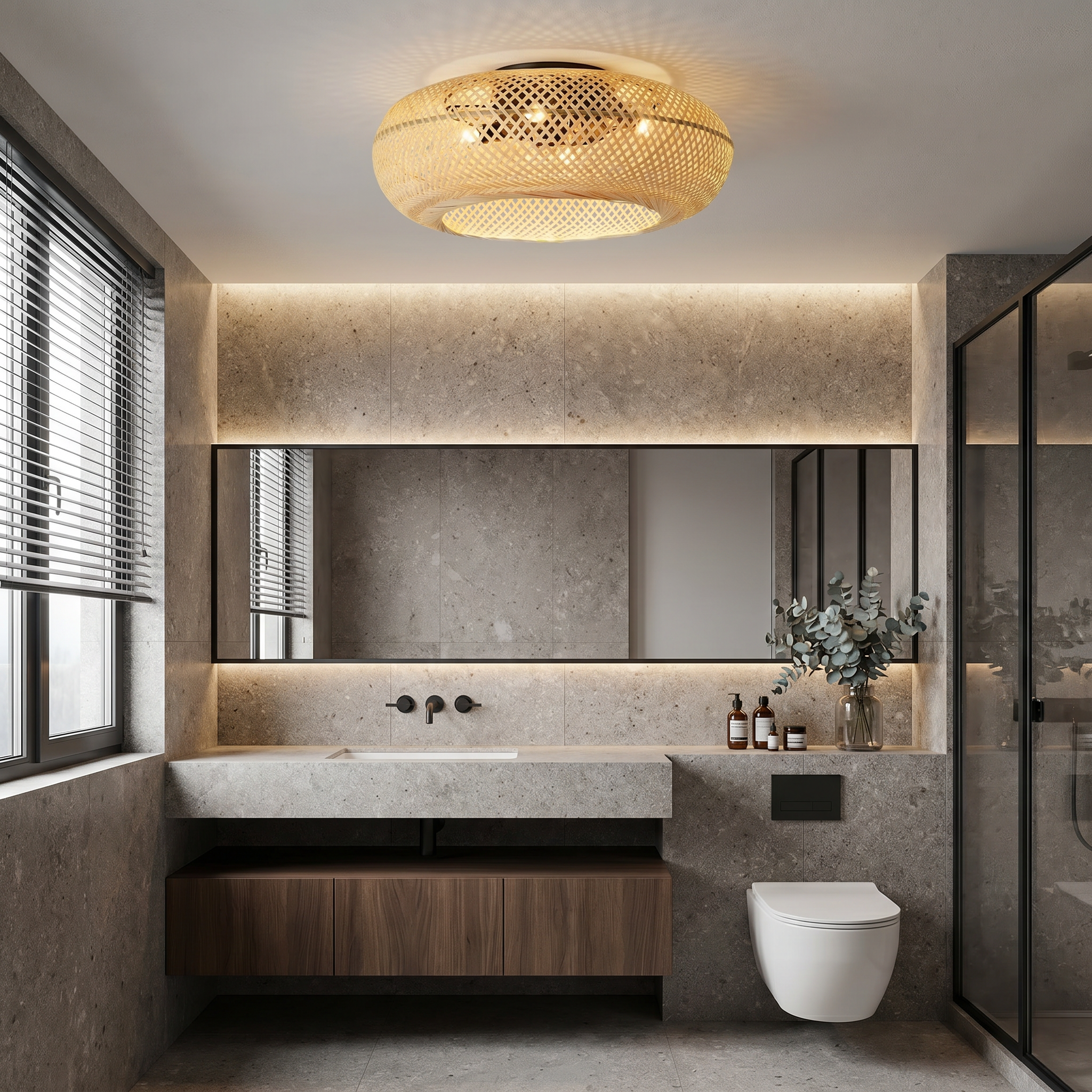 Bamboo oval remote control ceiling fan light shown in bathroom lifestyle scene with natural bamboo weave and semi-flush ceiling mount