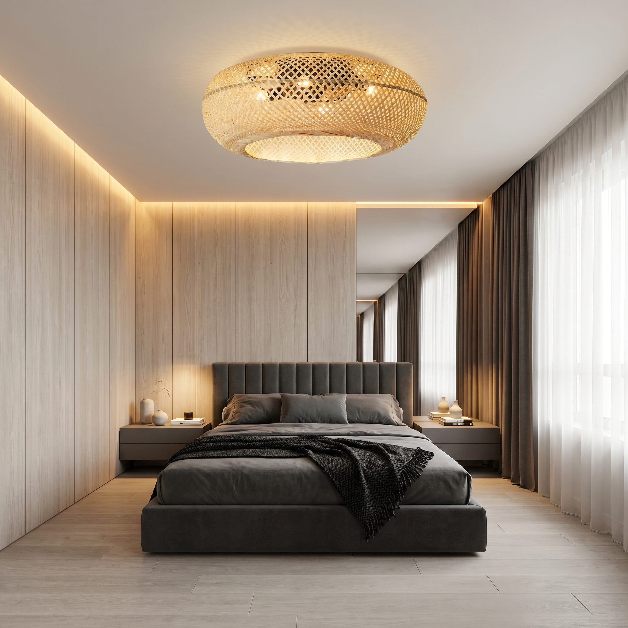 Bamboo oval remote control ceiling fan light in bedroom lifestyle scene featuring natural bamboo weave and semi-flush ceiling mount