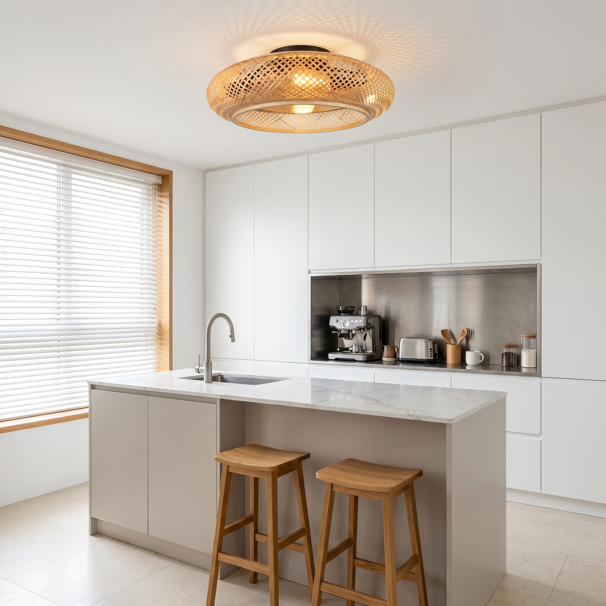 Bamboo oval remote control ceiling fan light in dining room lifestyle with natural bamboo weave and semi-flush ceiling mount