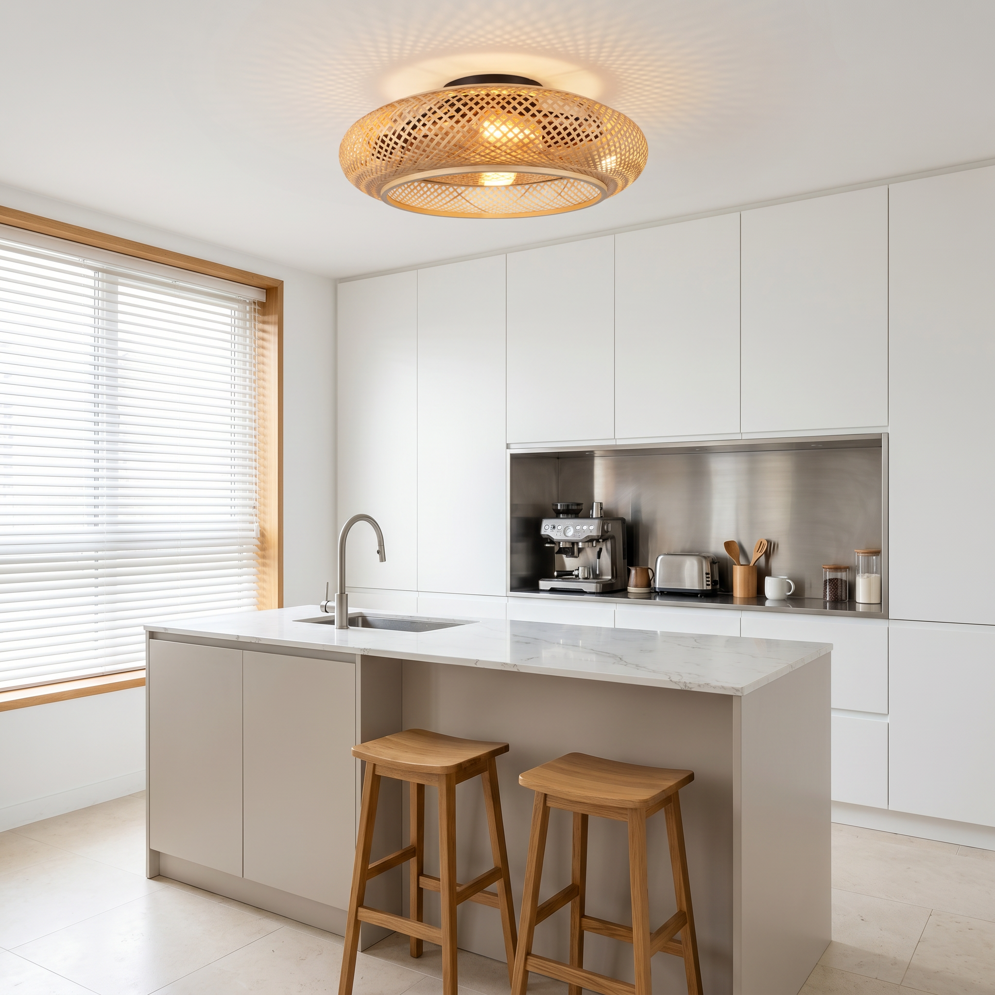 Bamboo oval remote control ceiling fan light in dining room lifestyle with natural bamboo weave and semi-flush ceiling mount