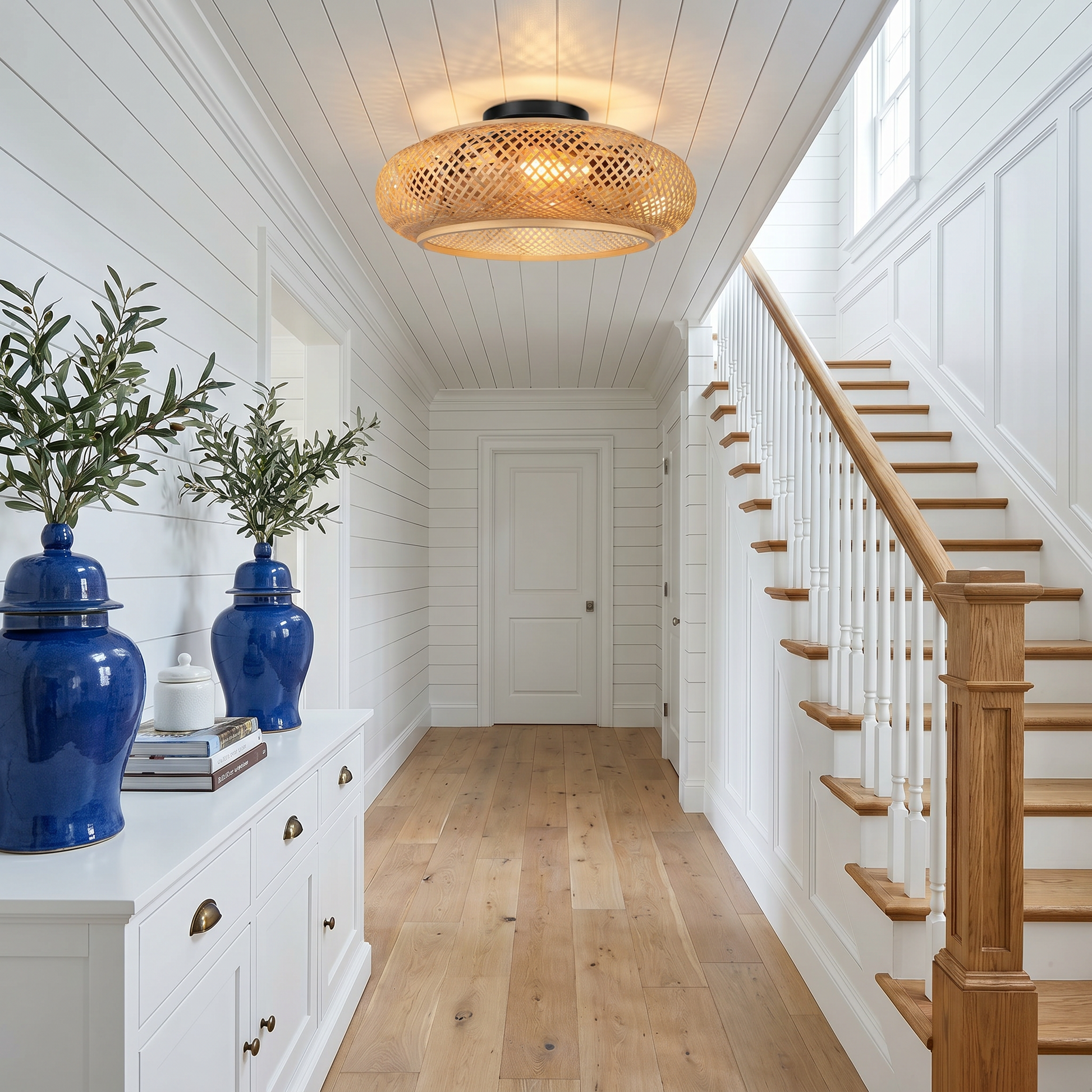 Bamboo oval remote control ceiling fan light featured in hallway lifestyle with natural bamboo weave and semi-flush canopy mount