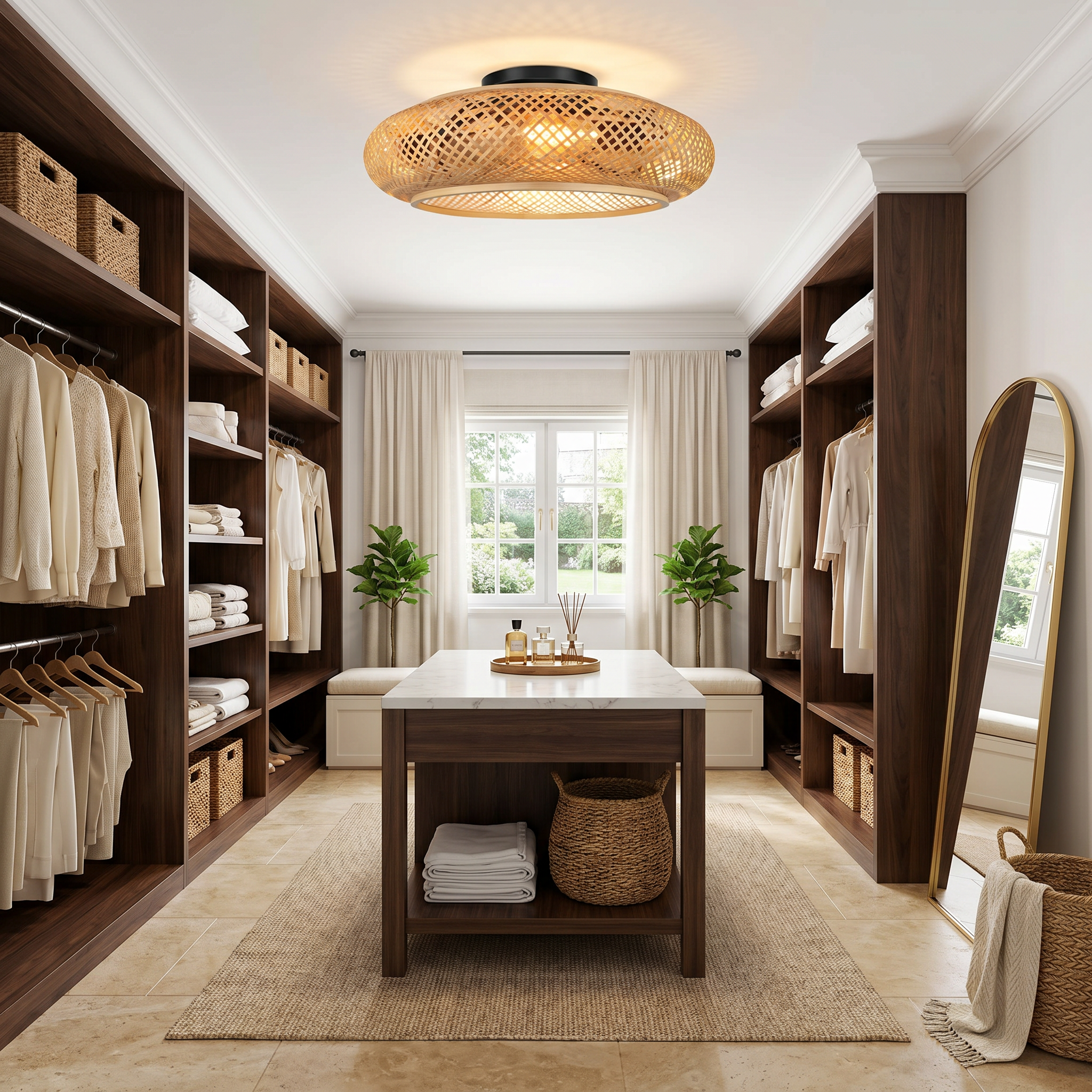 Bamboo oval remote control ceiling fan light shown in study room lifestyle with natural bamboo weave and semi-flush ceiling mount