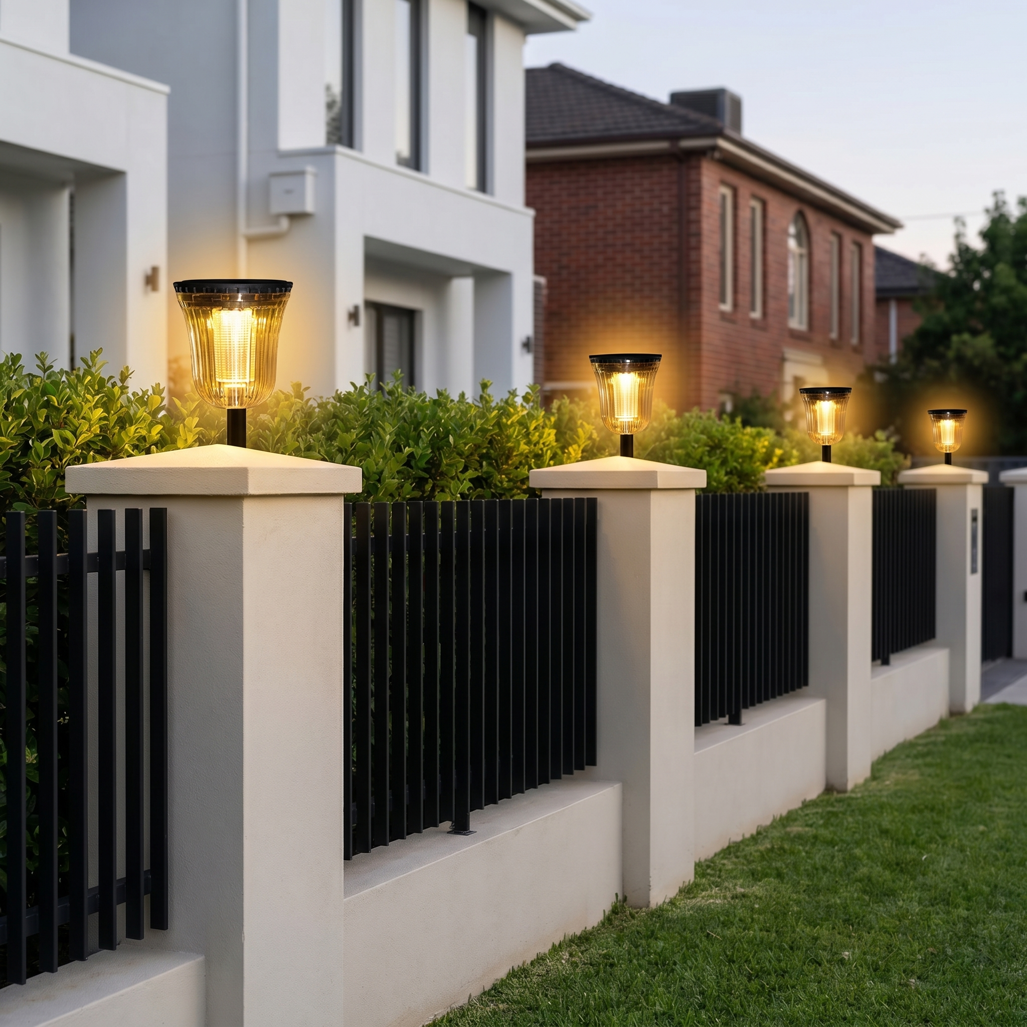 Close-up of black ABS PC round solar panel dual color temperature LED garden path light showing LED array lit at night