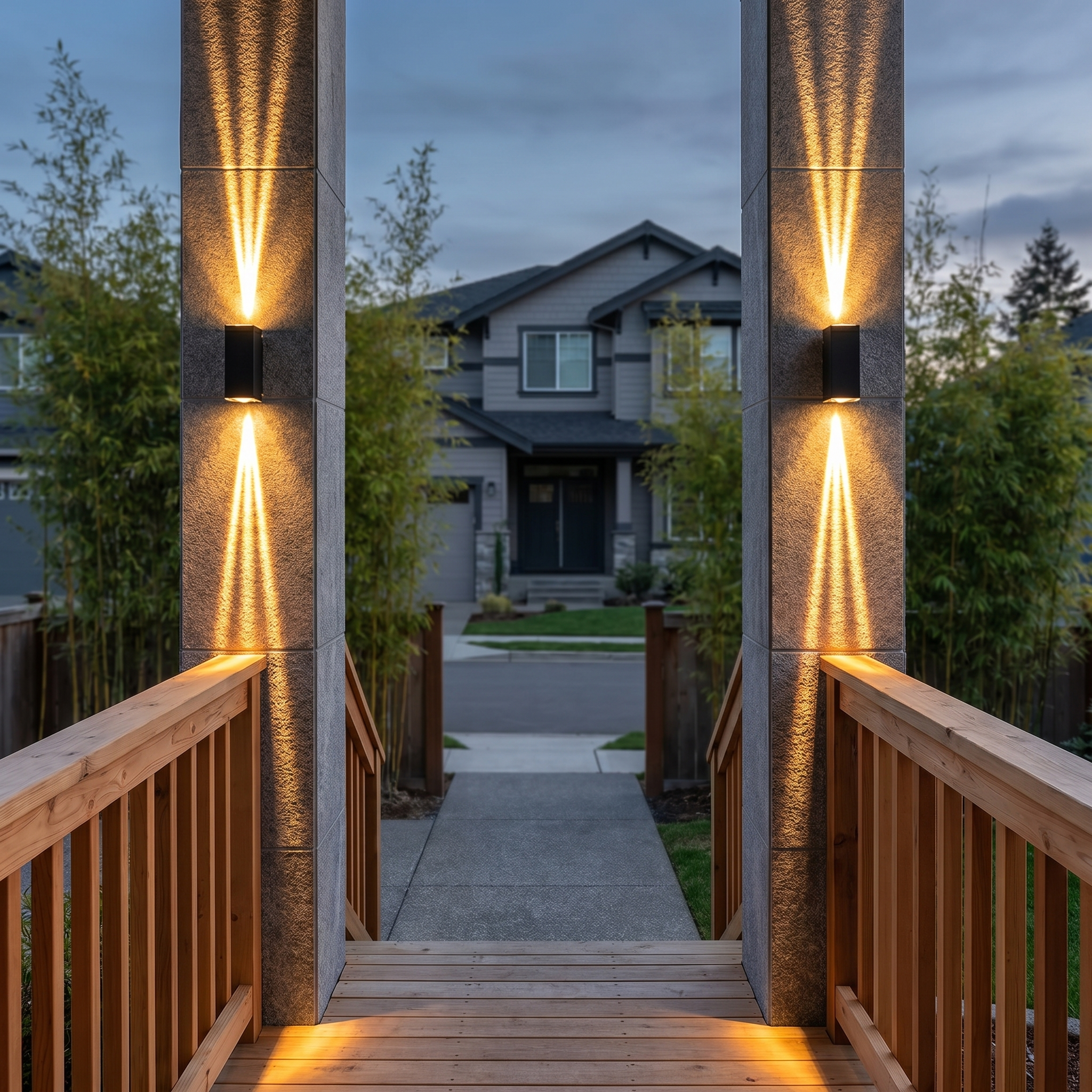 Black aluminum three-beam LED wall sconce side profile lit with cool white light near an outdoor window