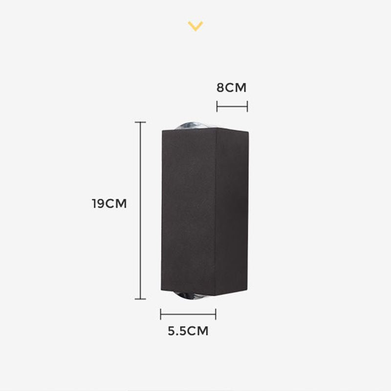 Top-down detail shot of black aluminum three-beam LED wall sconce highlighting black finish and IP65 waterproof design