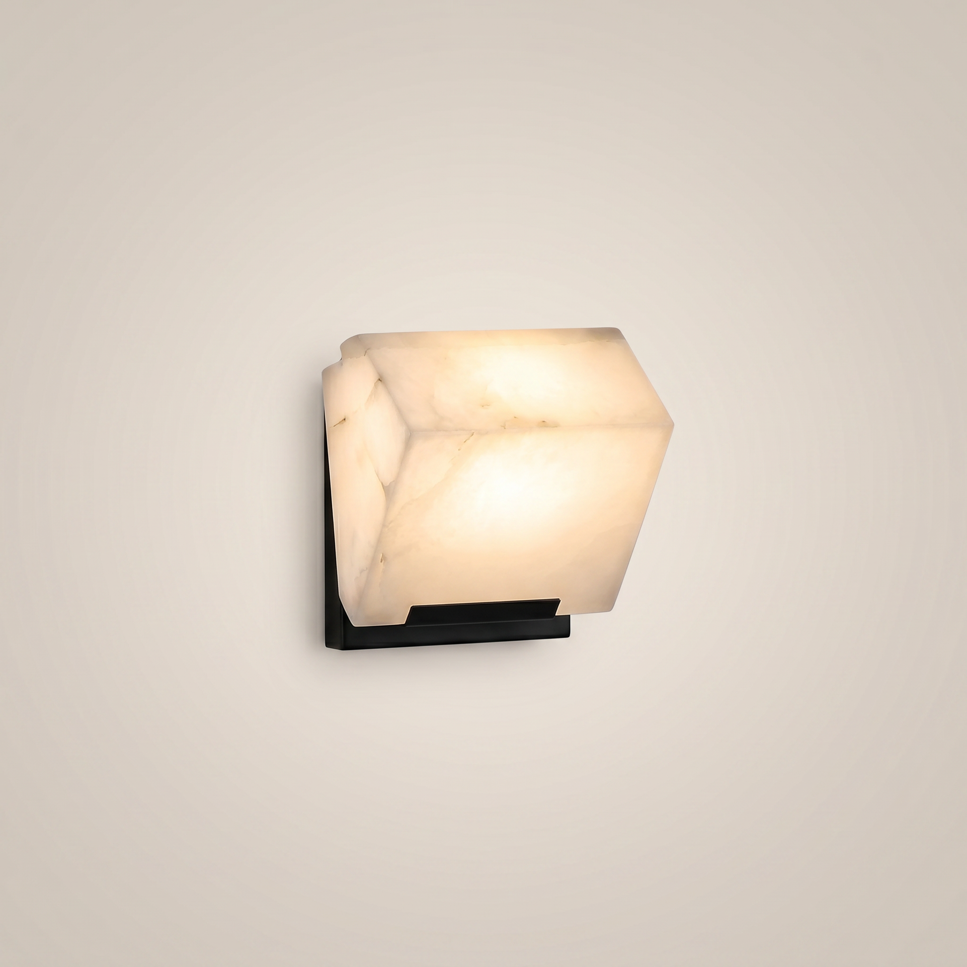 Black faux marble resin single-head LED wall sconce front view showing black iron body and lit faux marble shade with warm light