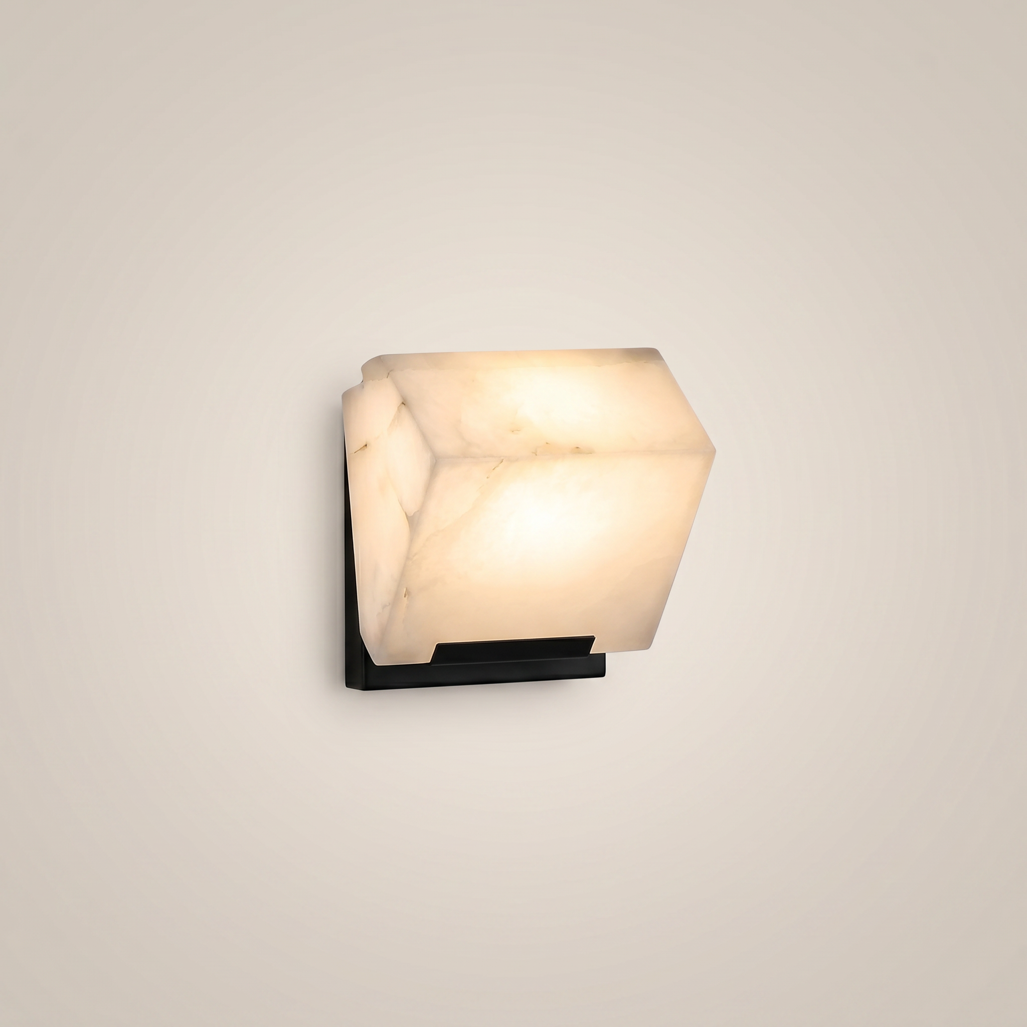 Black faux marble resin single-head LED wall sconce front view showing black iron body and lit faux marble shade with warm light