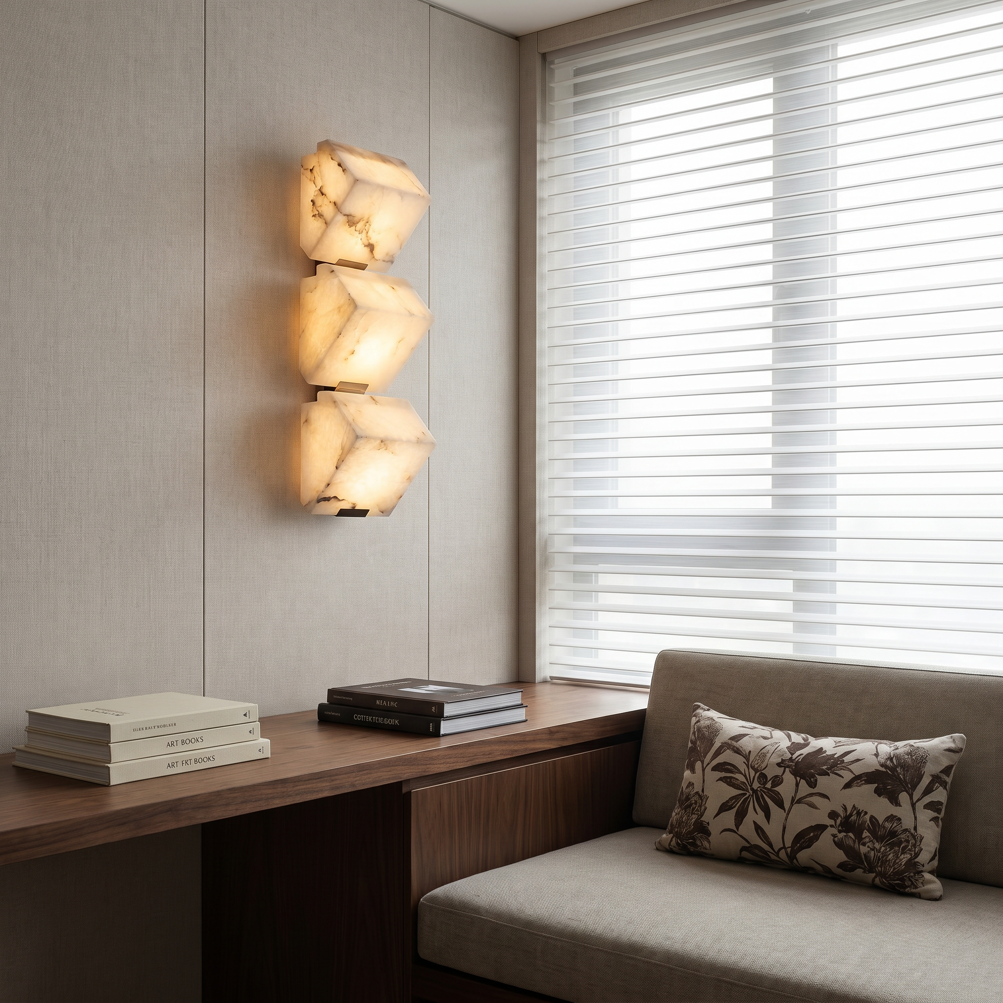 Side lit view of black faux marble resin single-head LED wall sconce in sitting room with black iron body and pull-chain switch visible