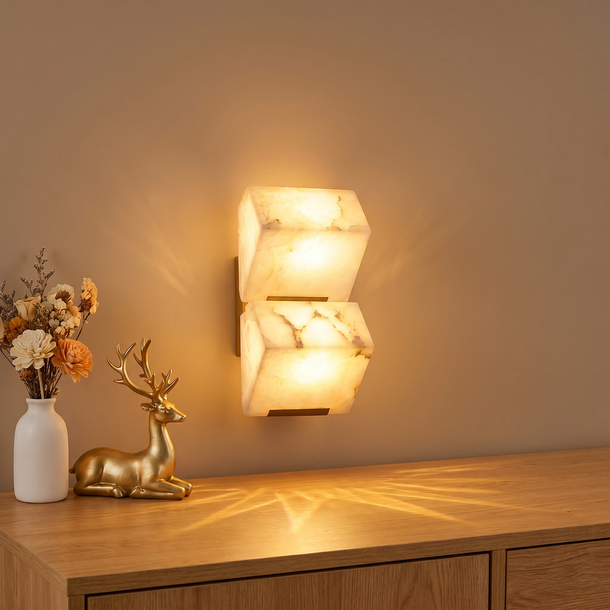 Black faux marble resin single-head LED wall sconce side profile lit in living room setting showing black iron body and faux marble shade