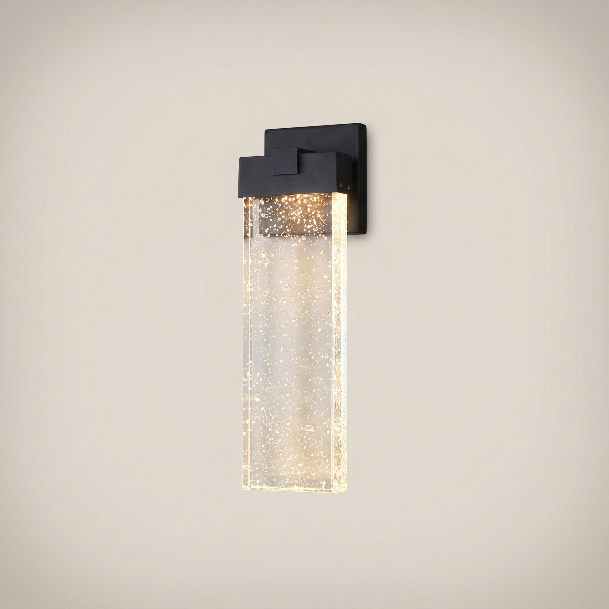 Black matte die-cast aluminum crystal COB LED outdoor wall sconce shown front view with crystal shade and warm white light