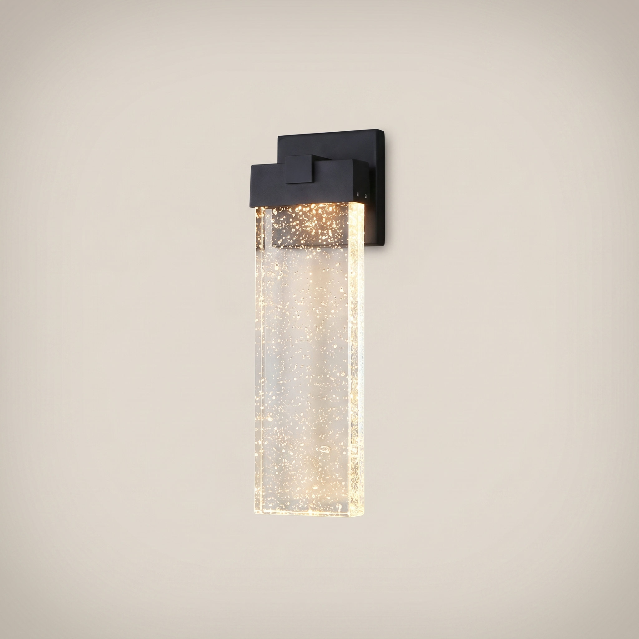 Black matte die-cast aluminum crystal COB LED outdoor wall sconce shown front view with crystal shade and warm white light
