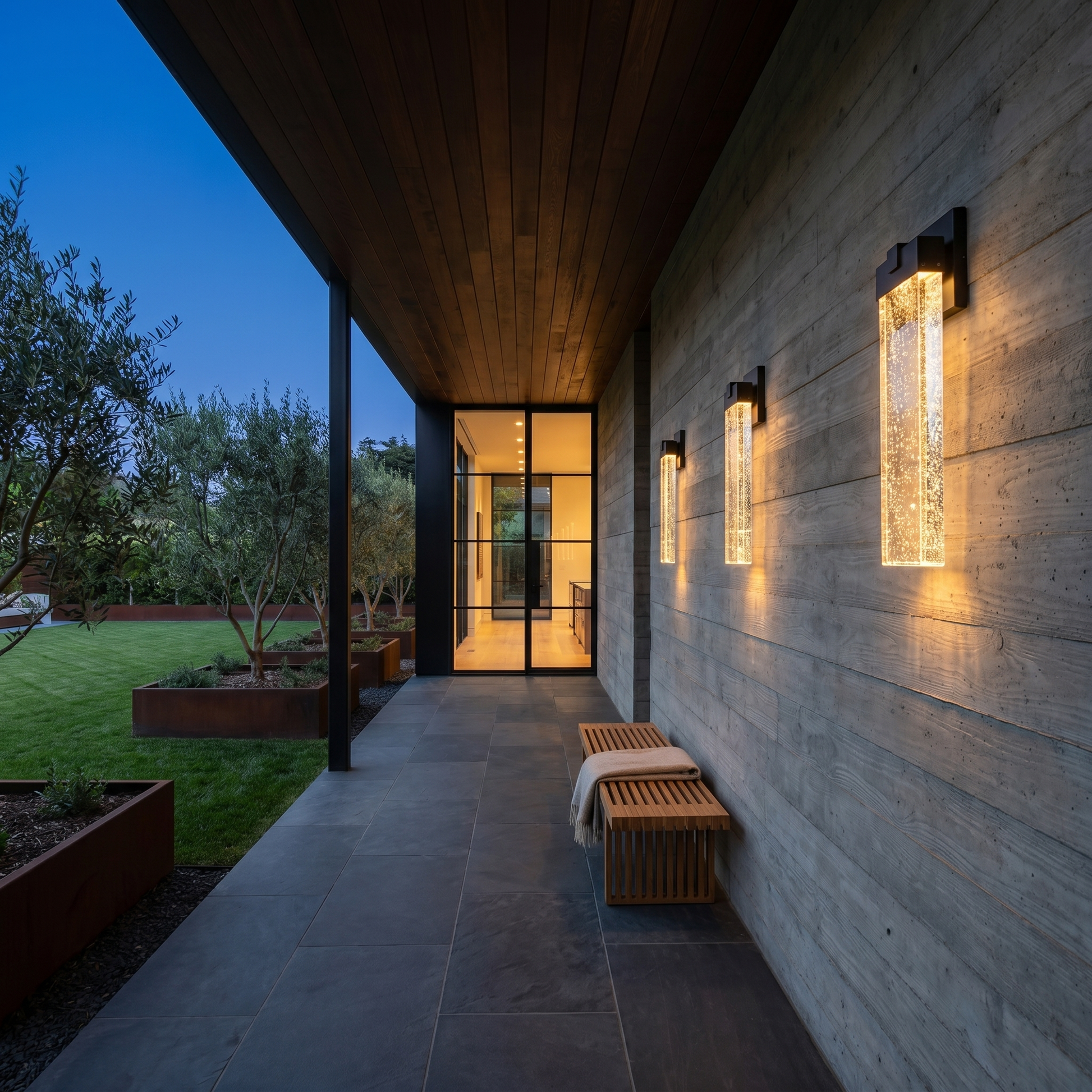 Side profile of black matte die-cast aluminum crystal COB LED outdoor wall sconce on covered porch with warm light and crystal shade