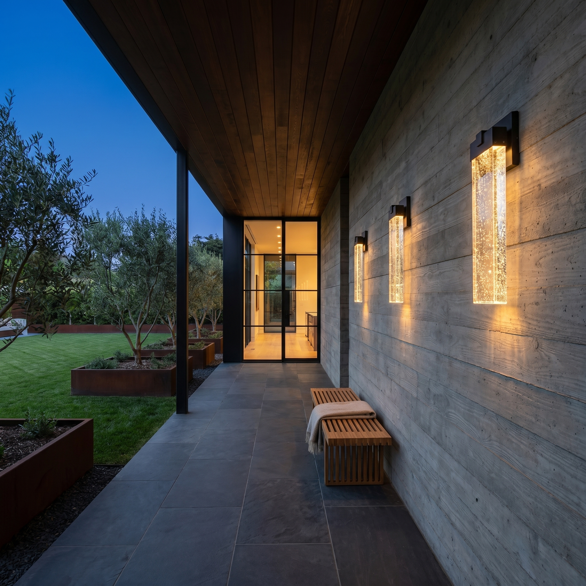 Side profile of black matte die-cast aluminum crystal COB LED outdoor wall sconce on covered porch with warm light and crystal shade