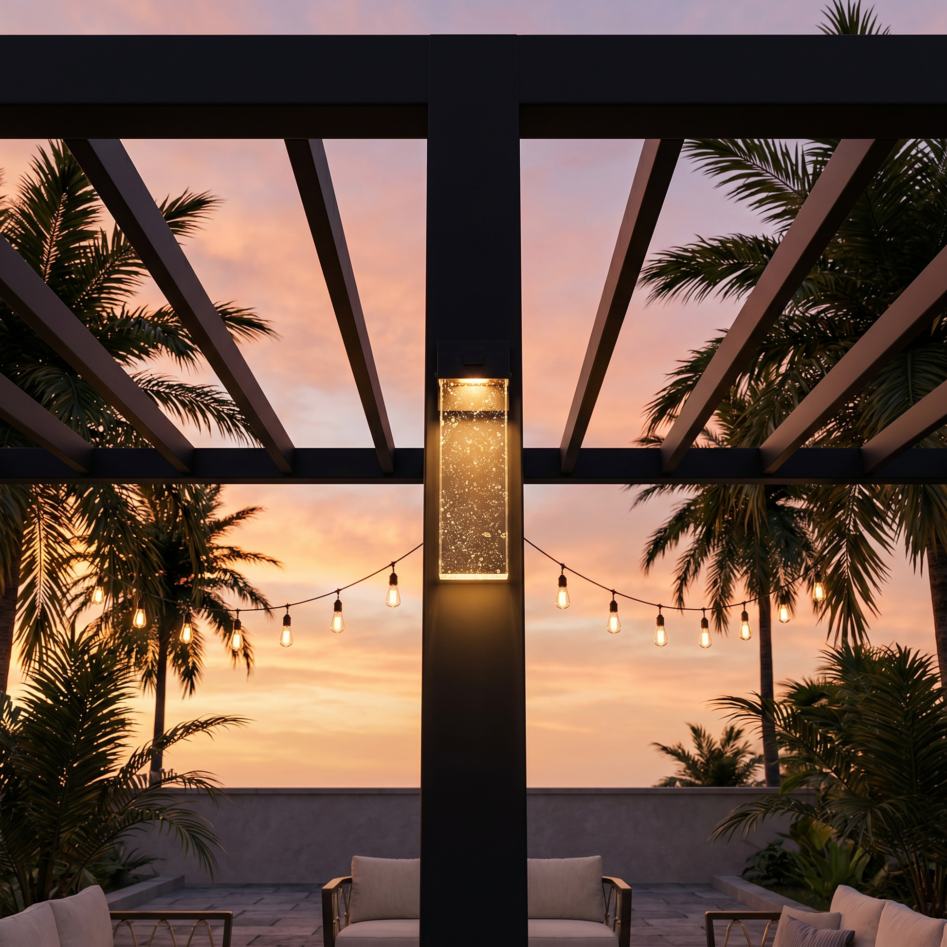 Side profile of black matte die-cast aluminum crystal COB LED outdoor wall sconce showing crystal texture and warm light in courtyard