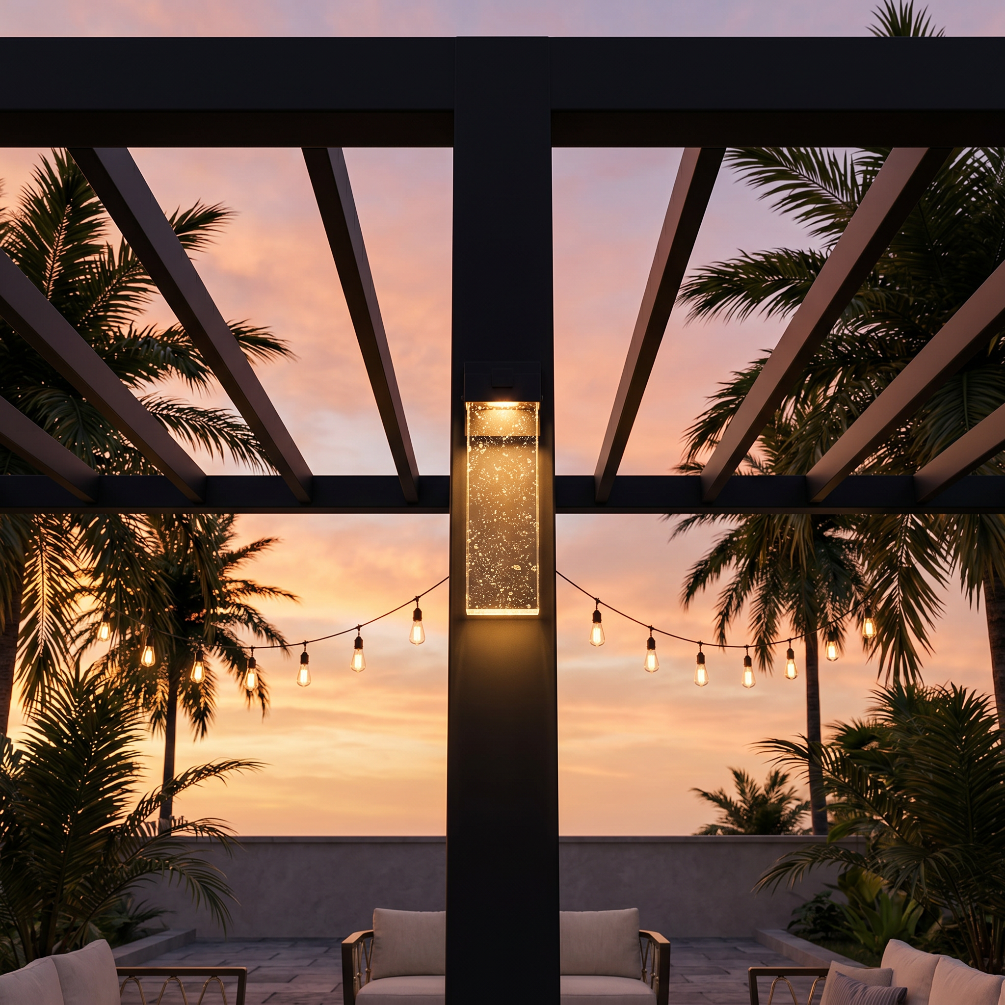 Side profile of black matte die-cast aluminum crystal COB LED outdoor wall sconce showing crystal texture and warm light in courtyard