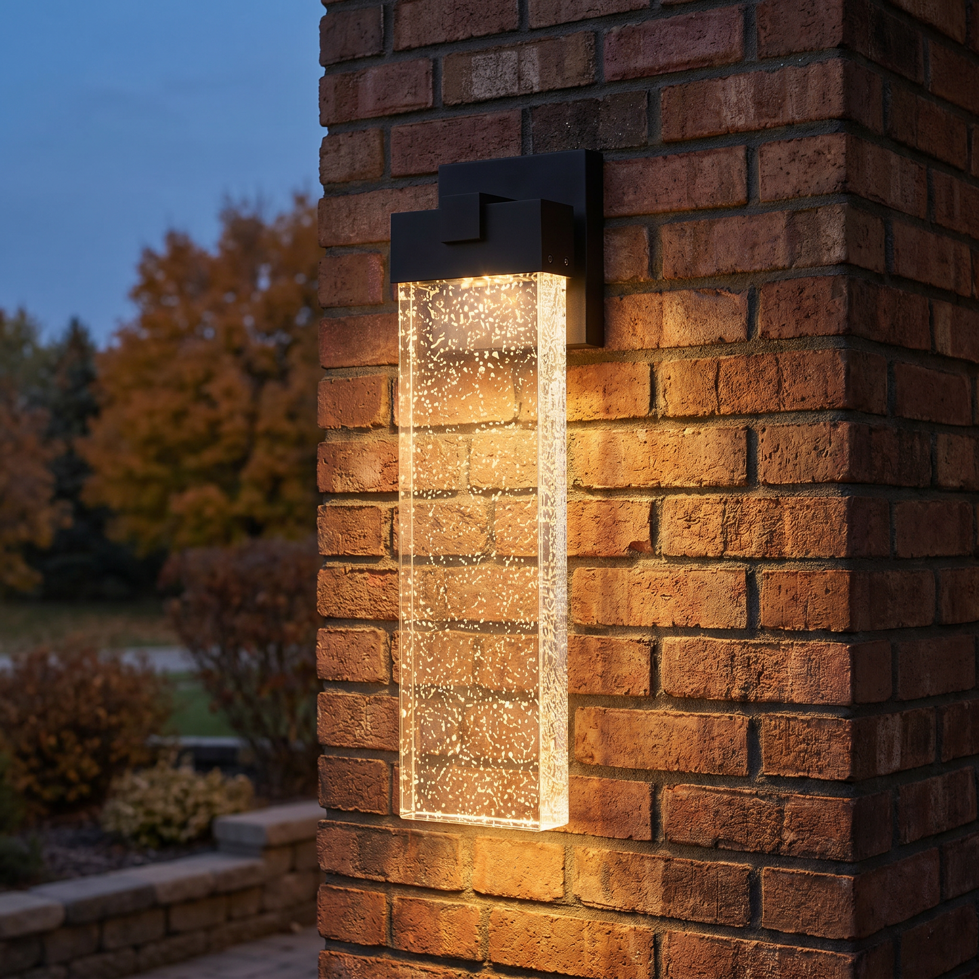 Black matte die-cast aluminum crystal COB LED outdoor wall sconce at three-quarter angle mounted on villa wall with warm glow