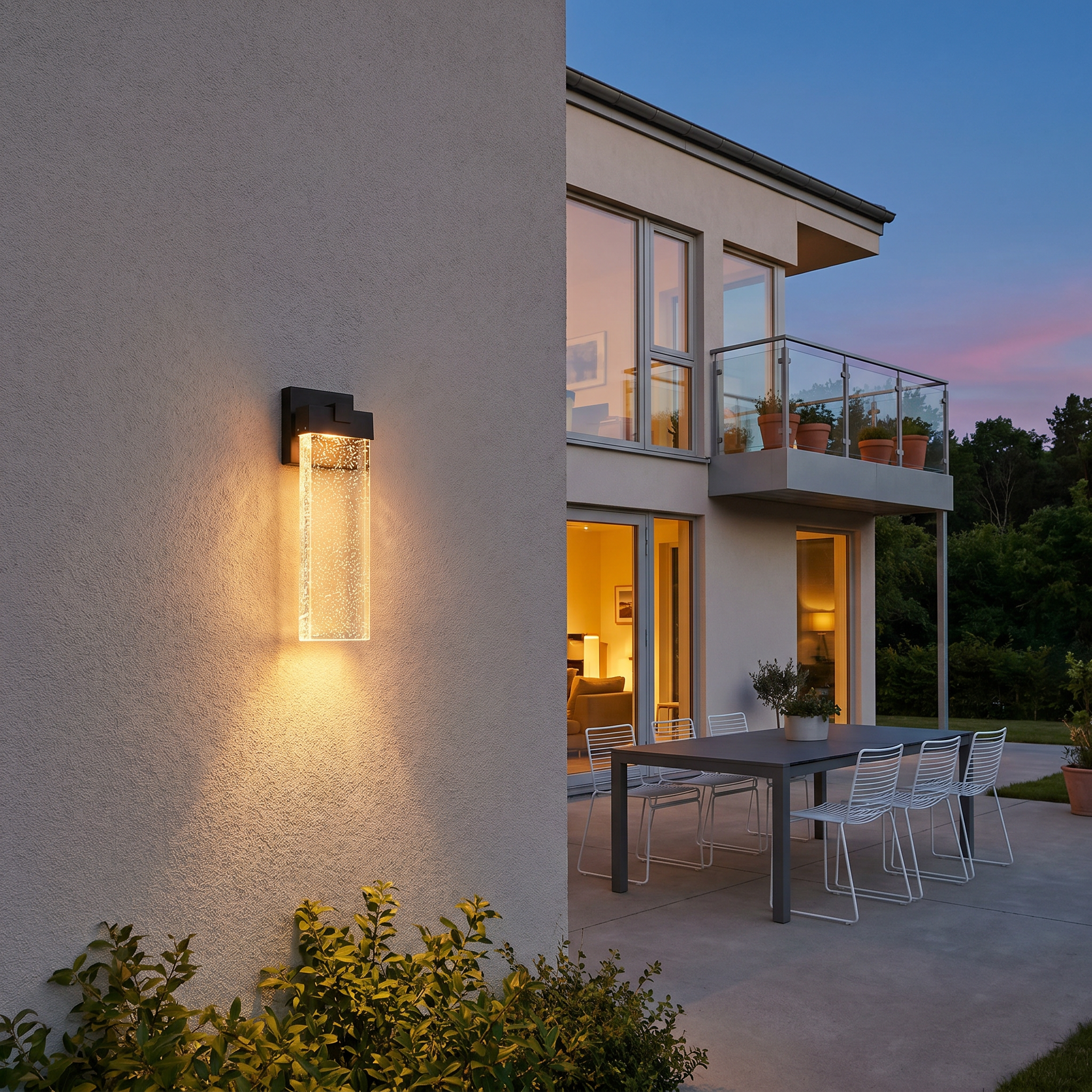 Top-down detail shot of black matte die-cast aluminum crystal COB LED outdoor wall sconce highlighting crystal shade and warm white light