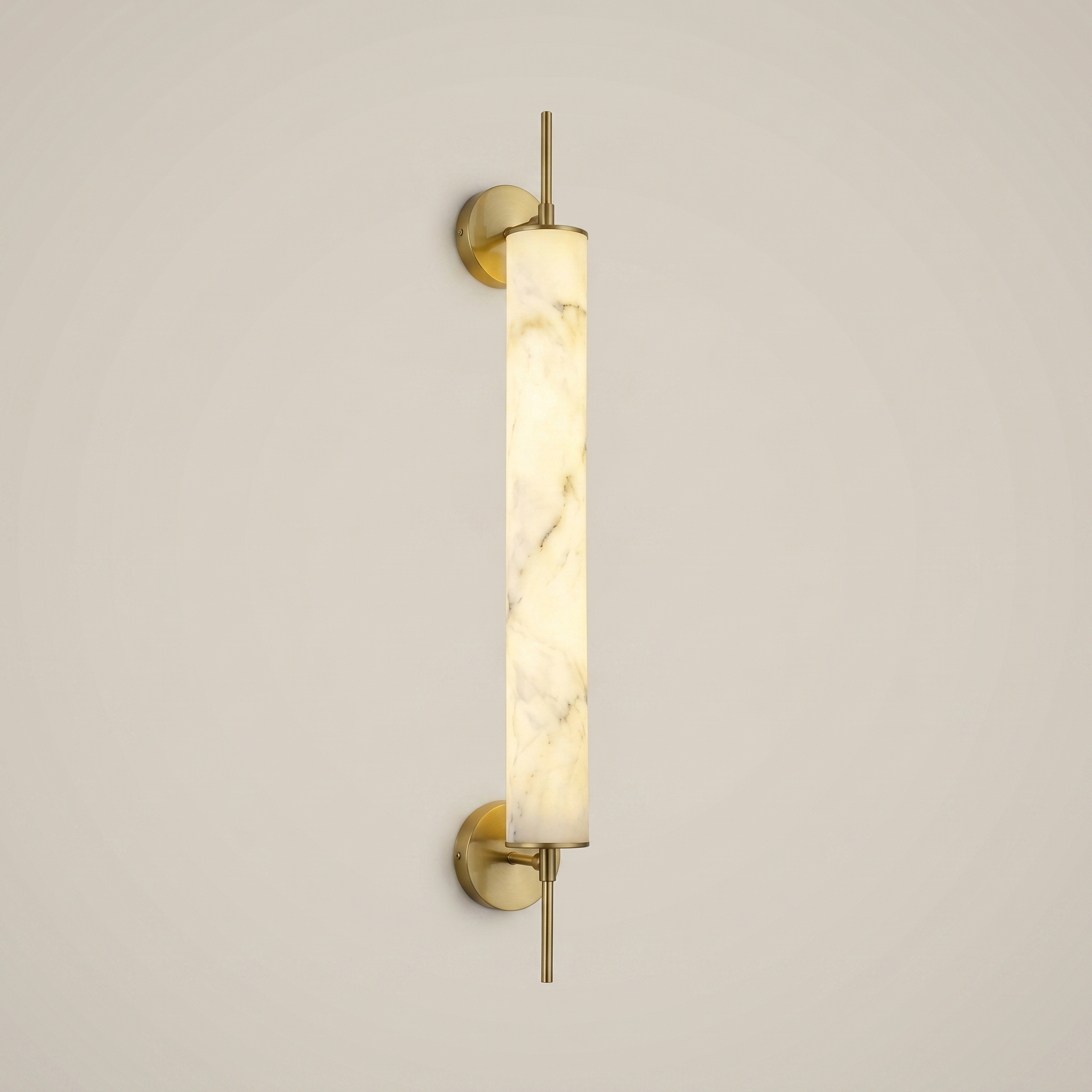 Eye-level wide shot of Cloud Stone Resin Cylindrical Matte Black 14W LED wall sconce lit with warm light in bedroom setting