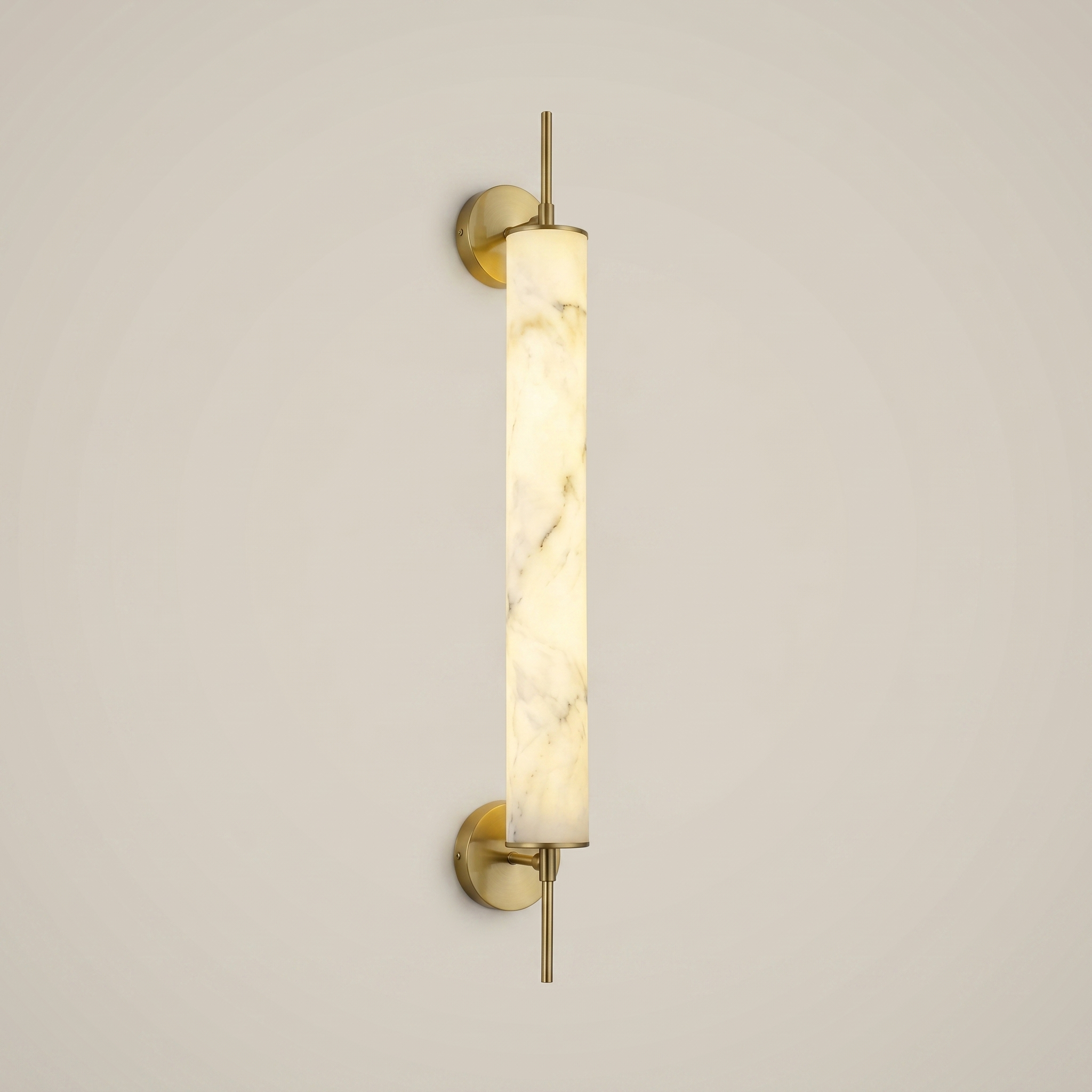 Eye-level wide shot of Cloud Stone Resin Cylindrical Matte Black 14W LED wall sconce lit with warm light in bedroom setting
