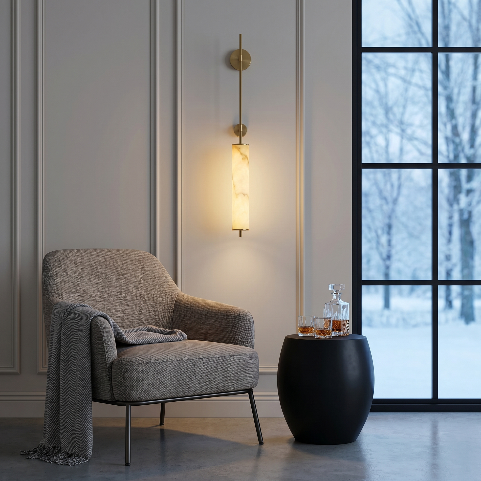 Cloud Stone Resin Cylindrical Matte Black 14W LED wall sconce shown eye-level wide shot in living room with warm light