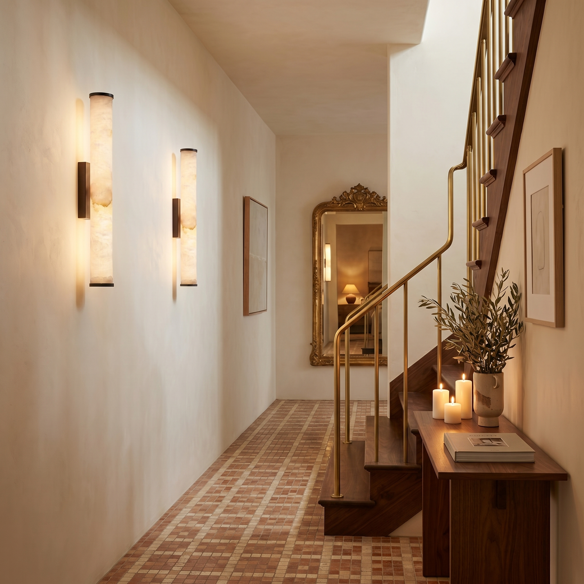 Cloud Stone Resin Cylindrical Matte Black 14W LED wall sconce front view in hallway lit showing natural cloud stone lampshade
