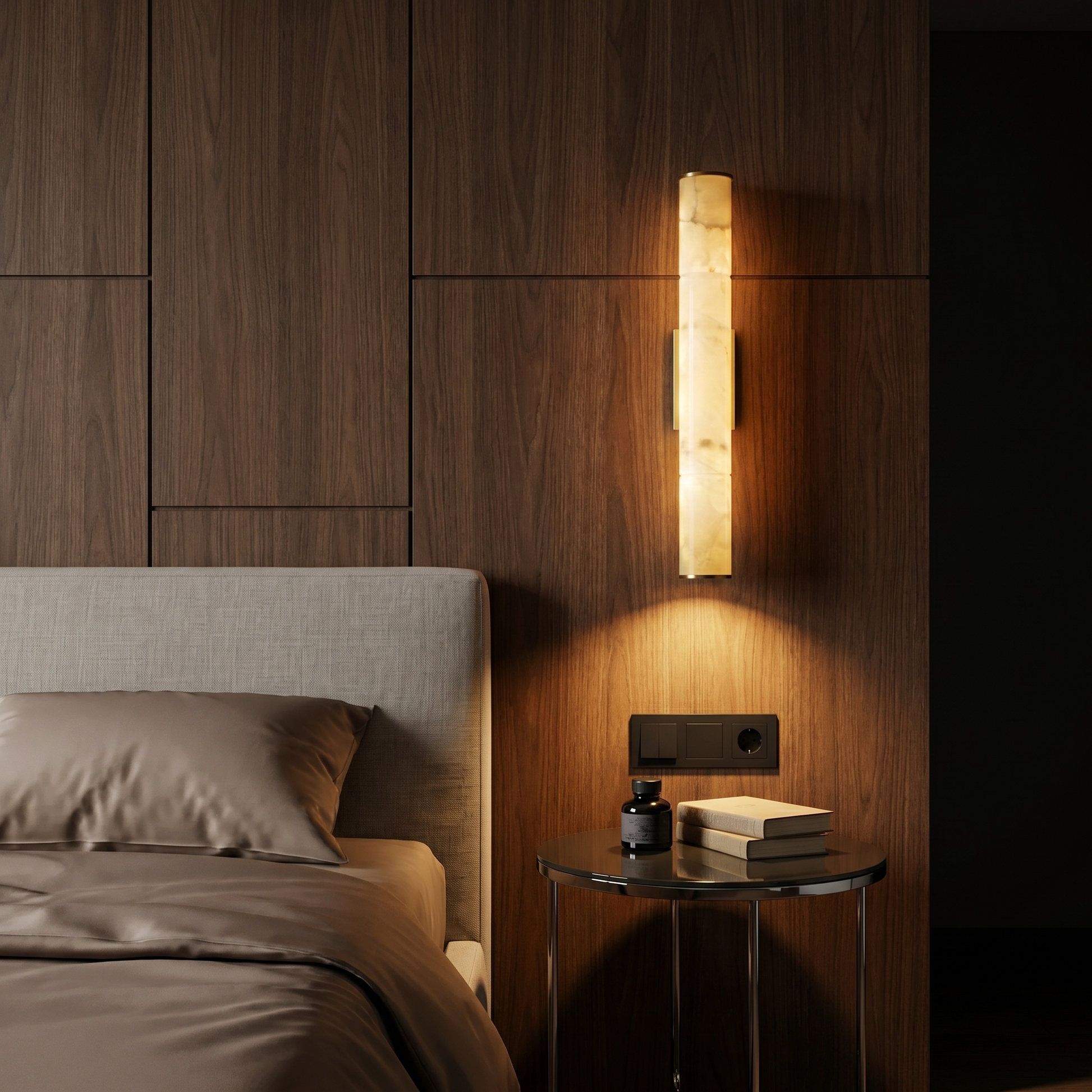 Cloud Stone Resin Cylindrical Matte Black 14W LED wall sconce side profile in bedroom lifestyle scene with warm glow
