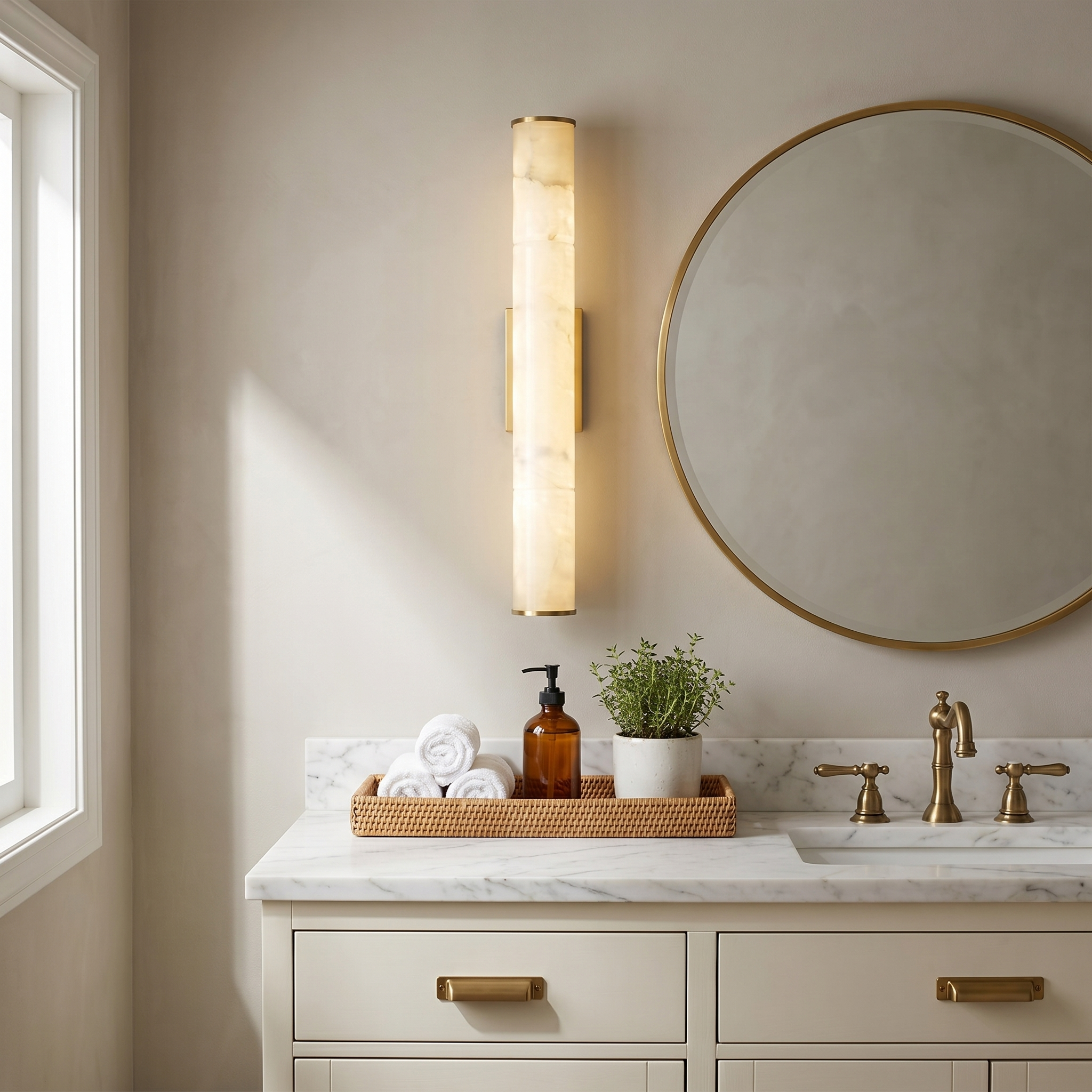 Cloud Stone Resin Cylindrical Matte Black 14W LED wall sconce three-quarter angle in bathroom with warm light and resin fixture body