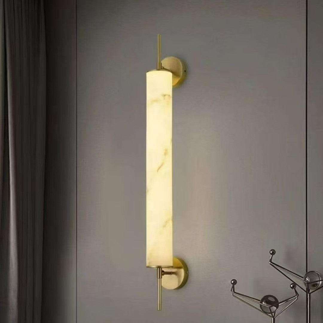 Top-down close-up of Cloud Stone Resin Cylindrical Matte Black 14W LED wall sconce showing cloud stone marble lampshade detail