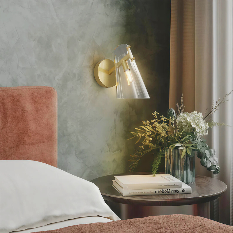 Contemporary Minimalist Wall Light Sconce with a bedside table, wall lamp, and decorative elements.
