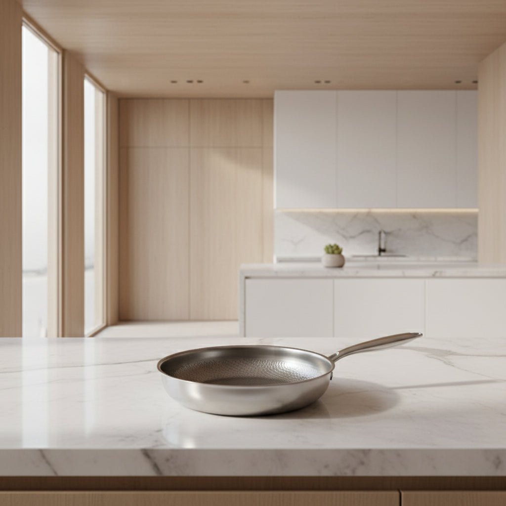 Elemental Forge Titanium Hammered Non-Stick Frying Pan resting on a white marble kitchen counter in a modern, minimalist kitchen setting.