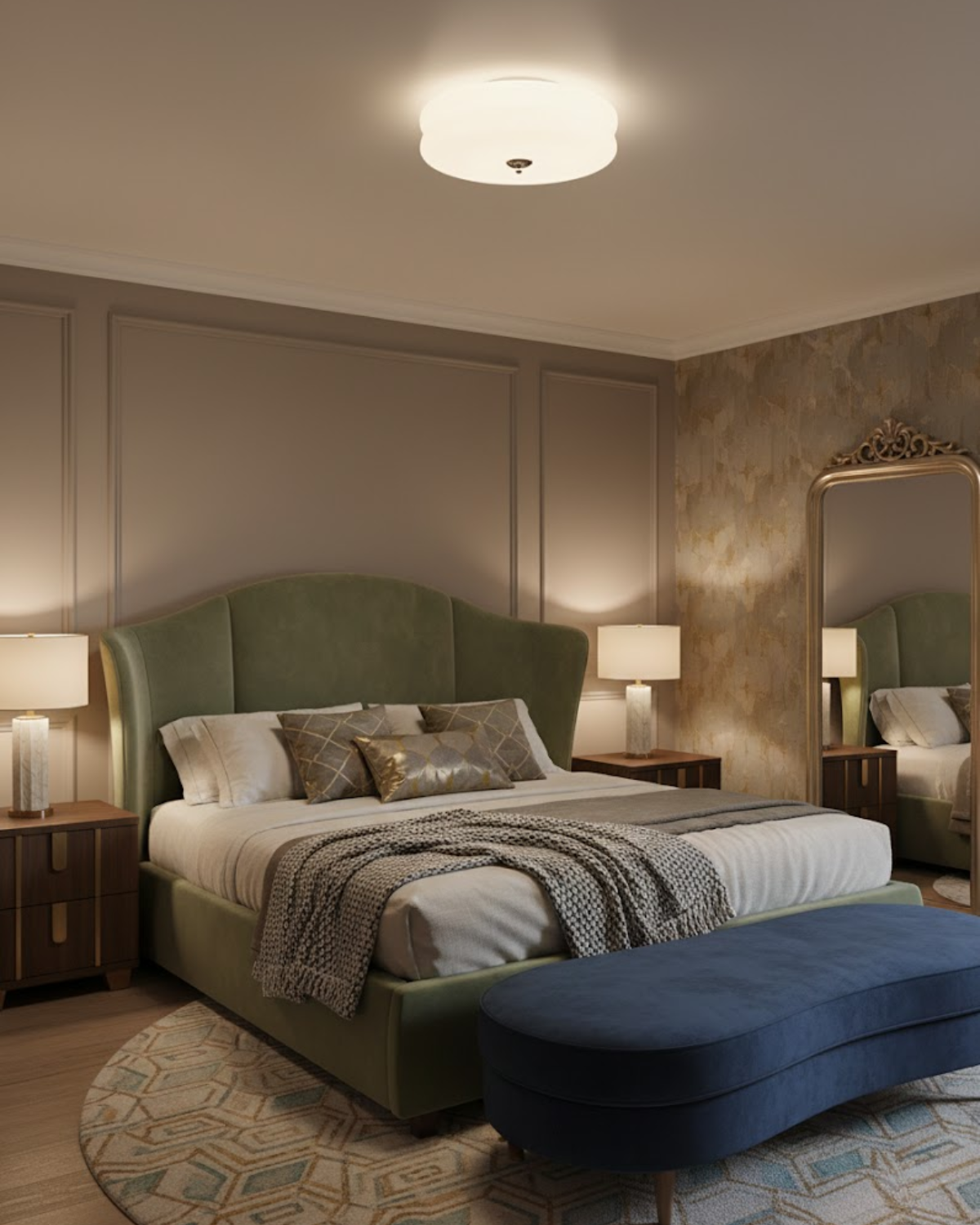Époque glass pendant lamp with brass finish illuminating a modern bedroom with a green upholstered bed, blue velvet bench, and a round geometric rug.