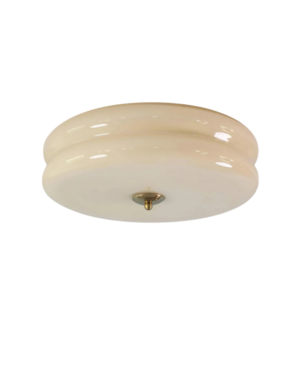 Époque glass pendant lamp with beige glass shade and brass finish accent, isolated on a black background.