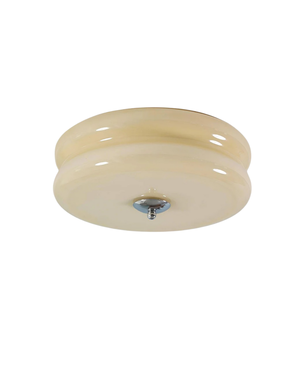 Époque glass pendant lamp with beige glass shade and chrome finish accent, isolated on a black background.