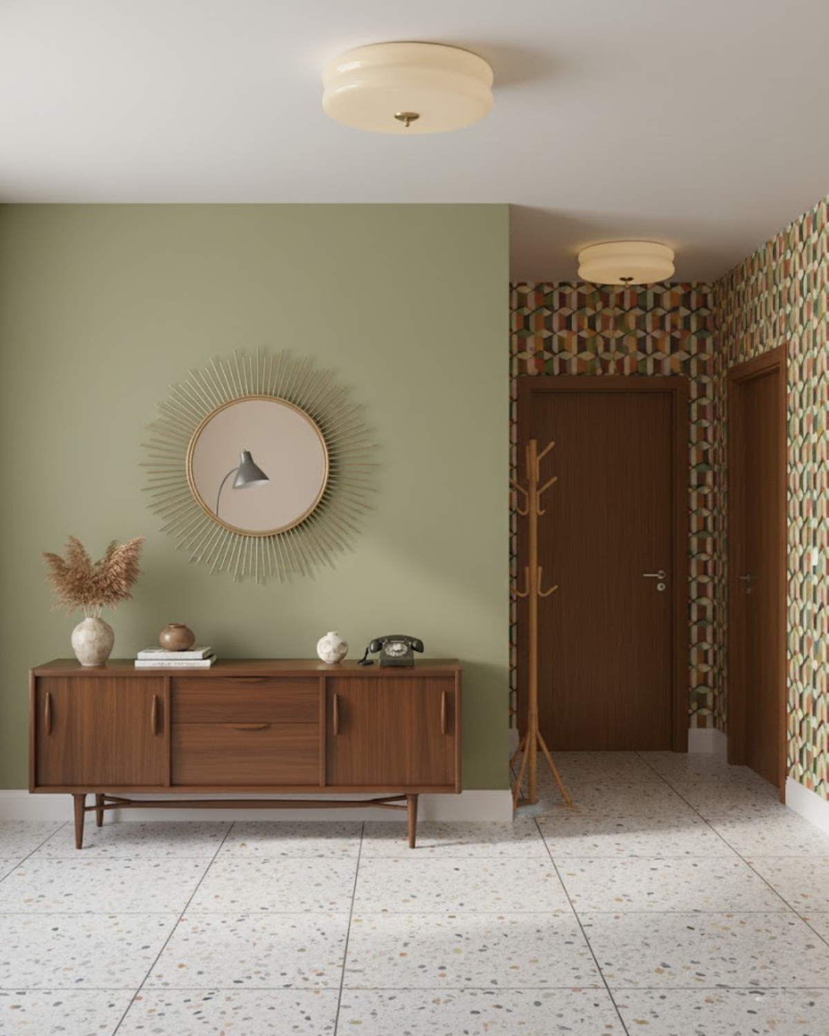 Époque glass pendant lamps with brass finish illuminating a stylish entryway with a wooden console table, a gold sunburst mirror, and geometric patterned wallpaper.