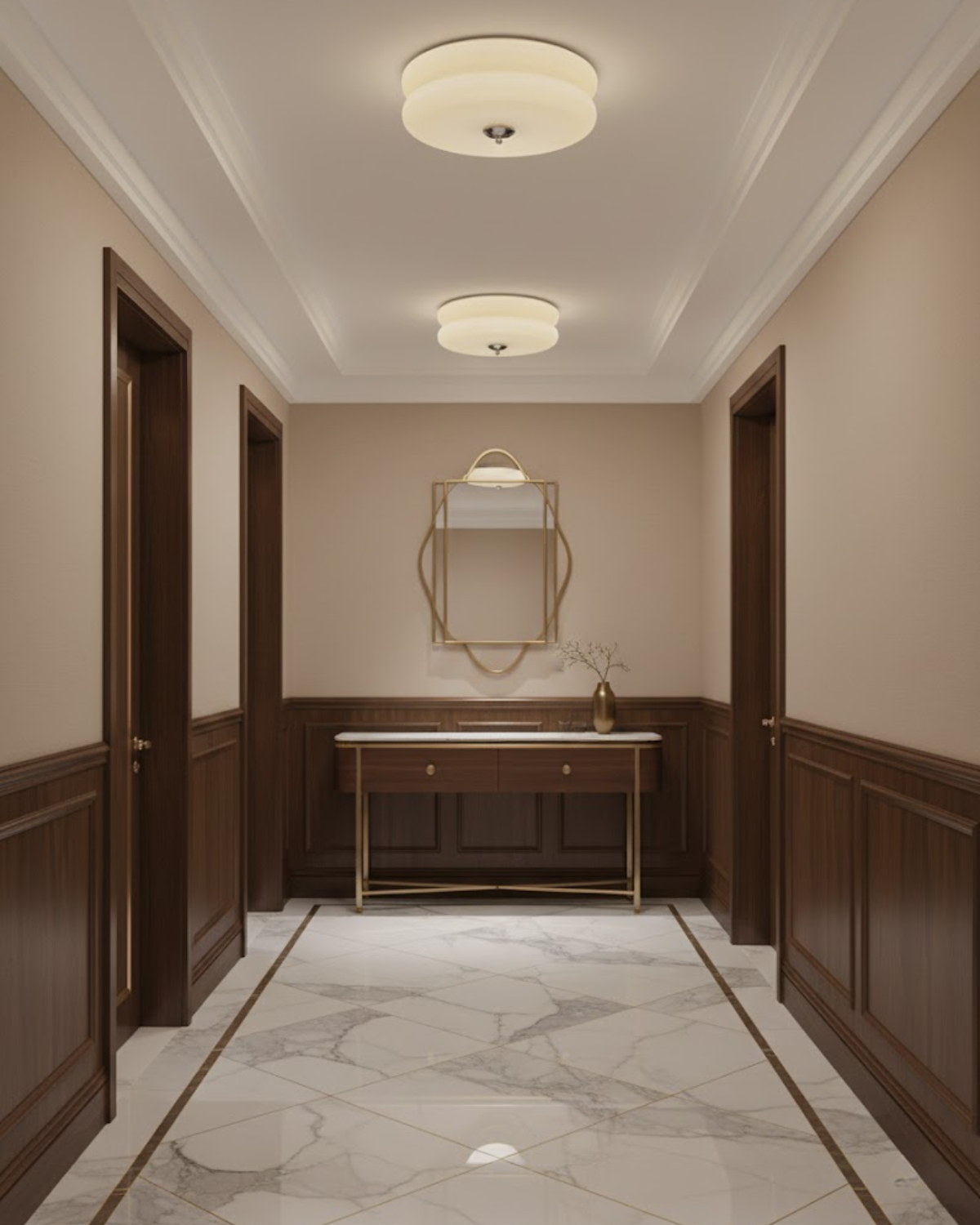 Two Époque glass pendant lamps with brass finish illuminating a hallway with beige walls, wood paneling, a marble floor, and a console table.