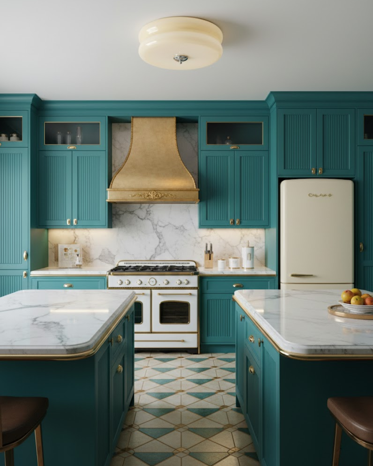 Époque glass pendant lamp with brass finish illuminating a modern kitchen with teal cabinets, white marble countertops, and a brass range hood.