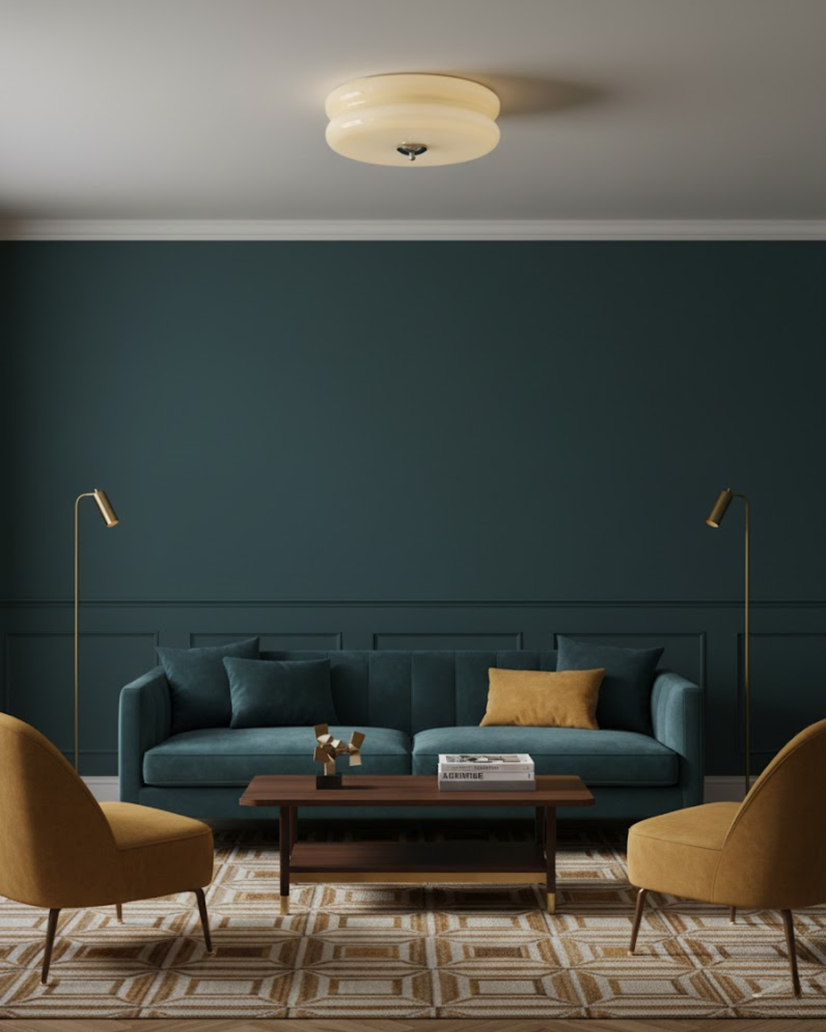 Époque glass pendant lamp with brass finish illuminating a modern living room with a teal sofa, mustard yellow accent chairs, and a dark wood coffee table.