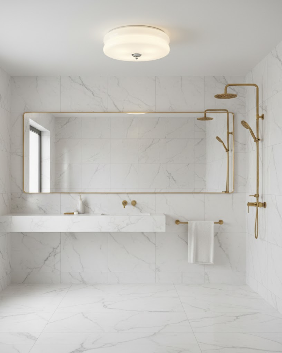 Époque glass pendant lamp with brass finish in a luxurious modern bathroom featuring white marble tiles, a large mirror, and elegant brass fixtures.