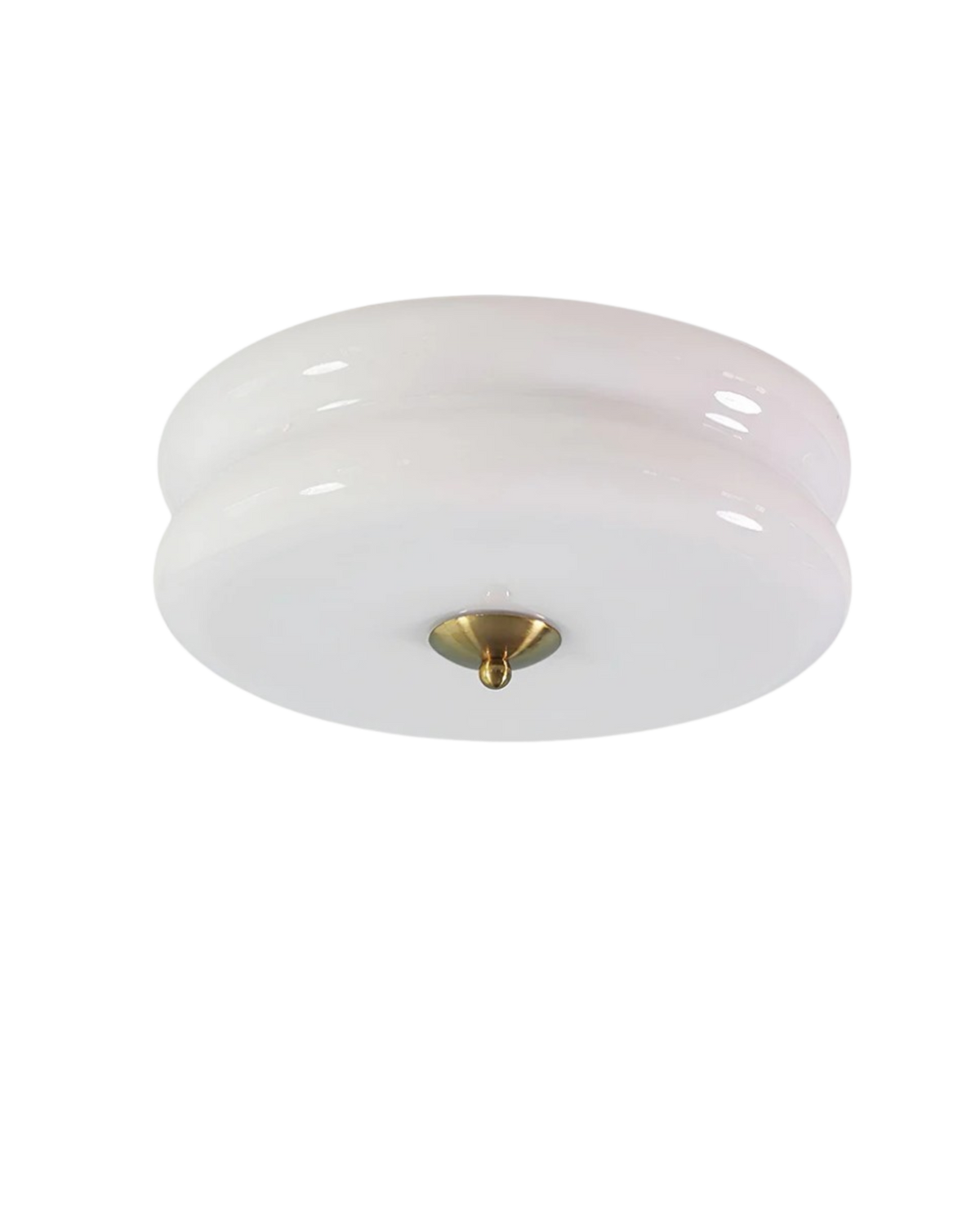 Époque glass pendant lamp with white glass shade and brass finish accent, isolated on a black background.
