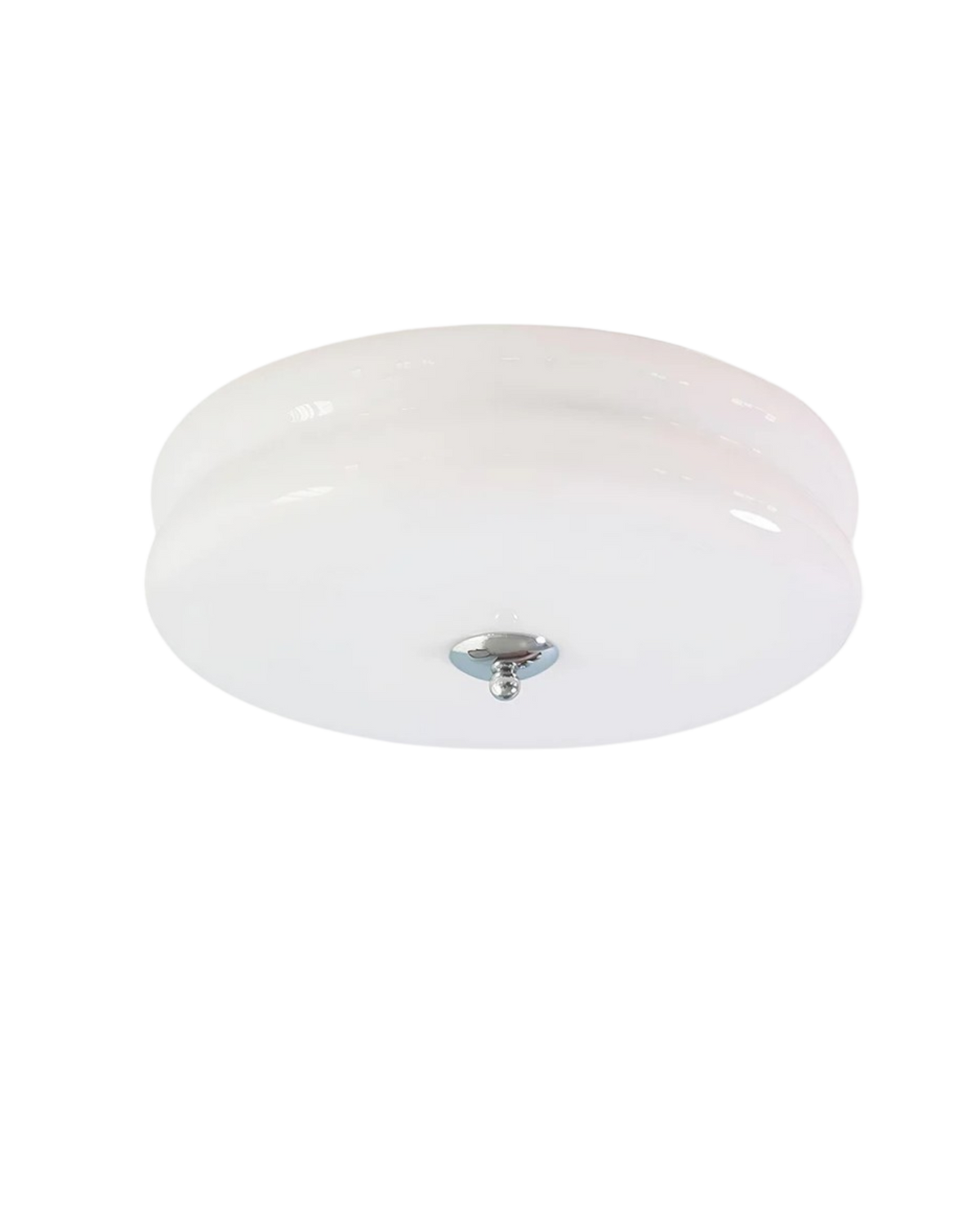 Époque glass pendant lamp with white glass shade and chrome finish accent, isolated on a black background.