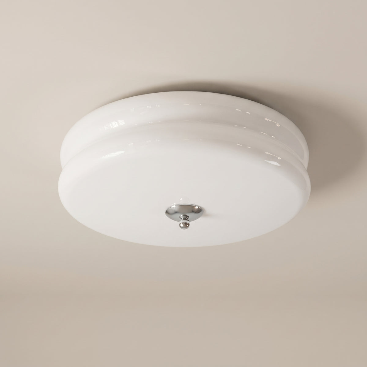 Époque glass pendant lamp with white glass shade and chrome finish accent, isolated on a black background.