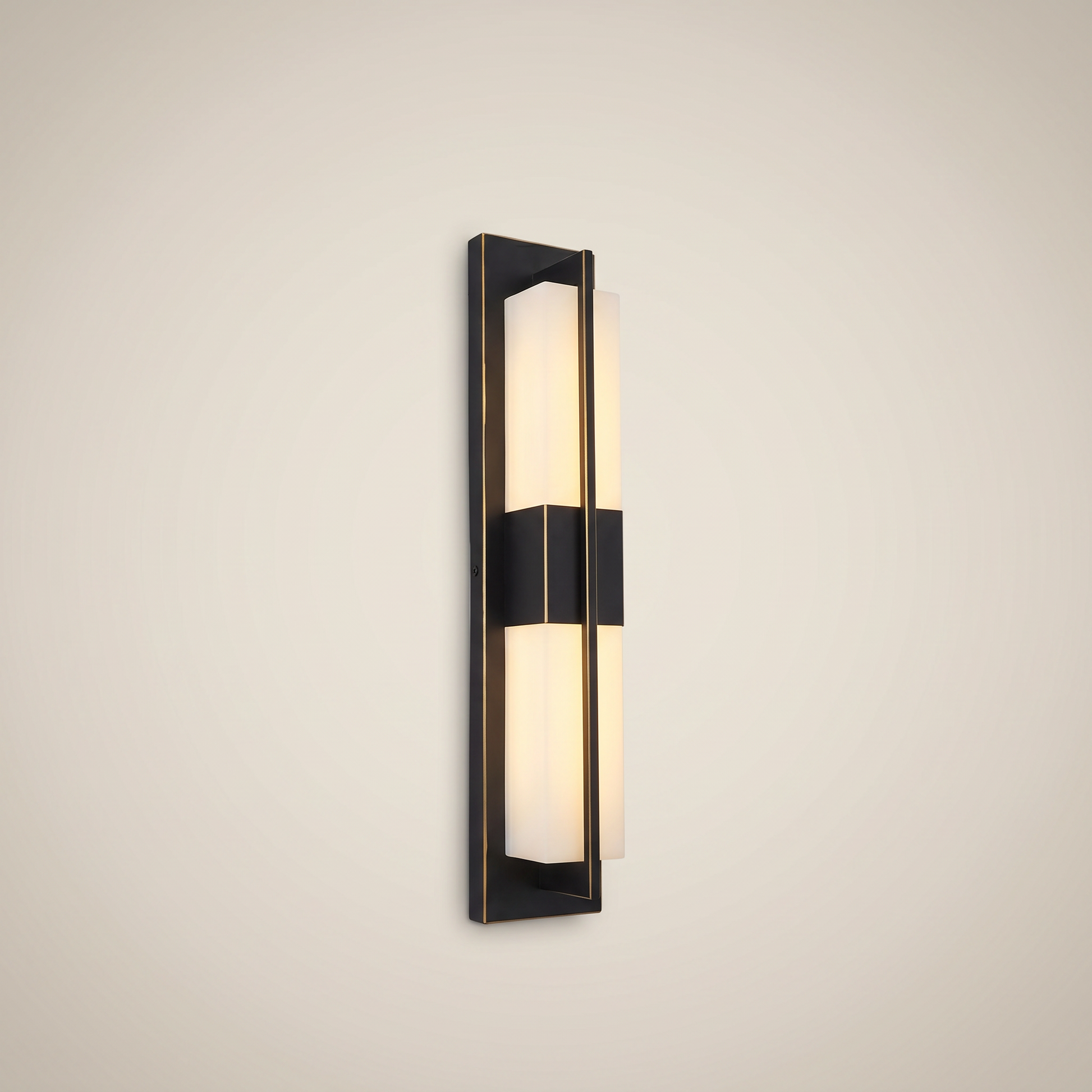 Elongated black outdoor water-resistant wall sconce Jingyi 4.7 inch wide by 31.5 inch tall shown three-quarter angle lit with warm white LED