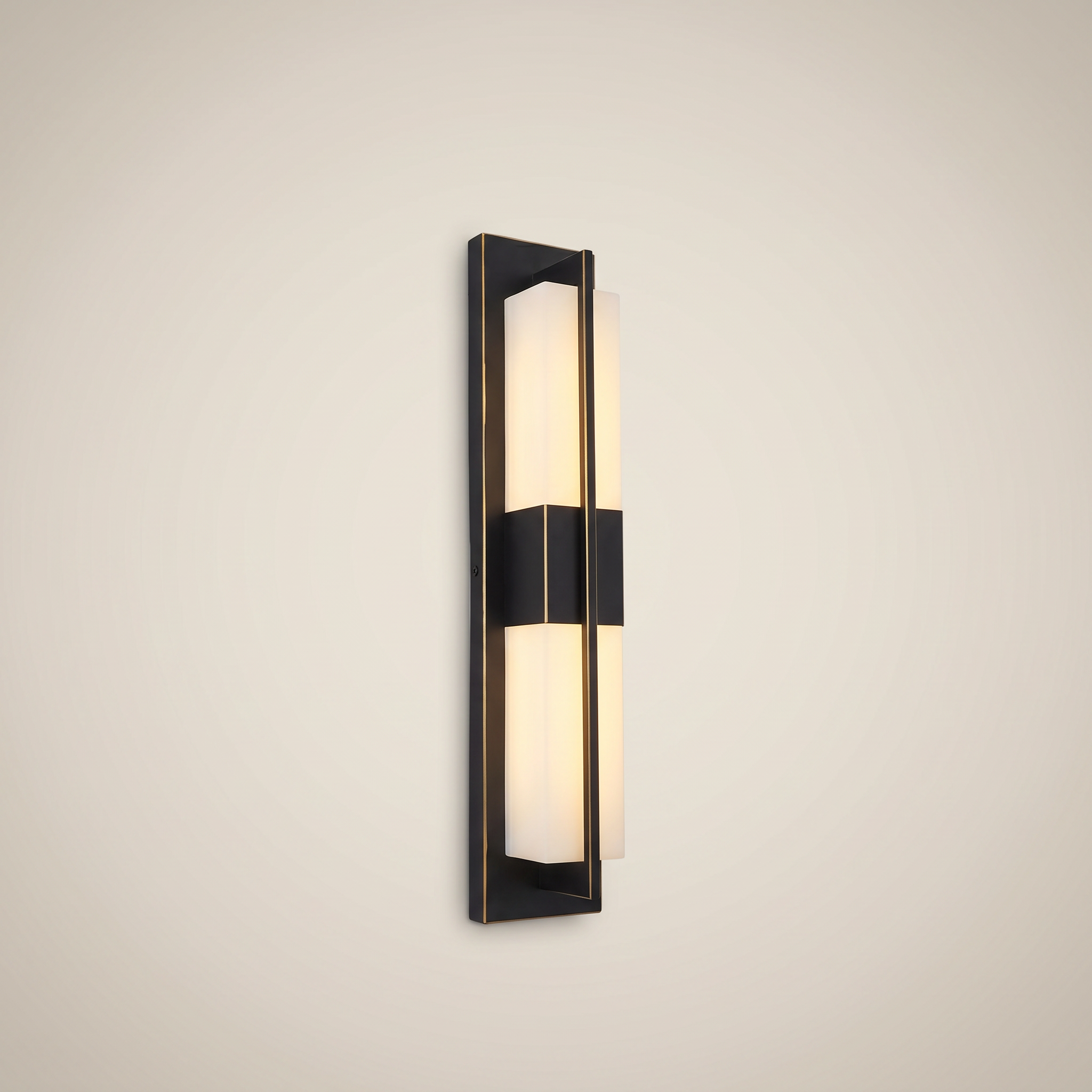 Elongated black outdoor water-resistant wall sconce Jingyi 4.7 inch wide by 31.5 inch tall shown three-quarter angle lit with warm white LED