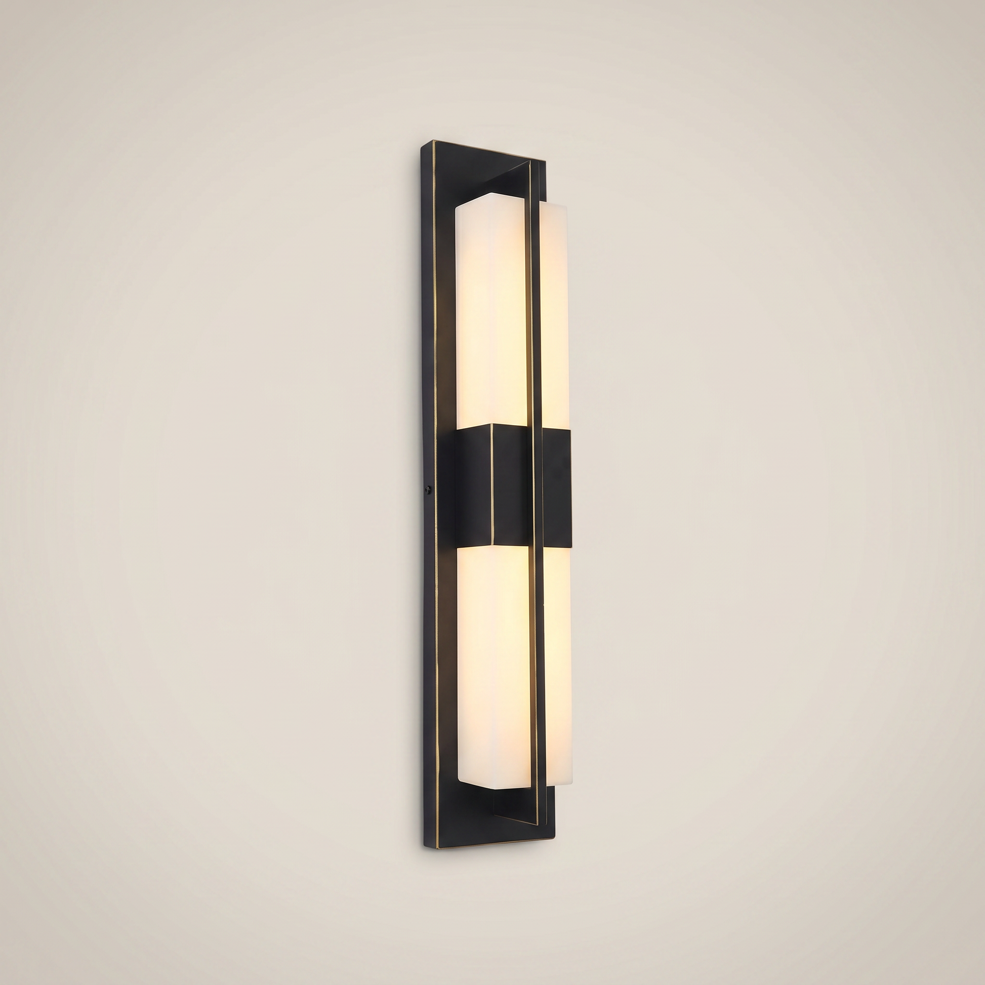 Front view of elongated gold outdoor water-resistant wall sconce Jingyi 4.7 inch wide by 31.5 inch tall lit warmly