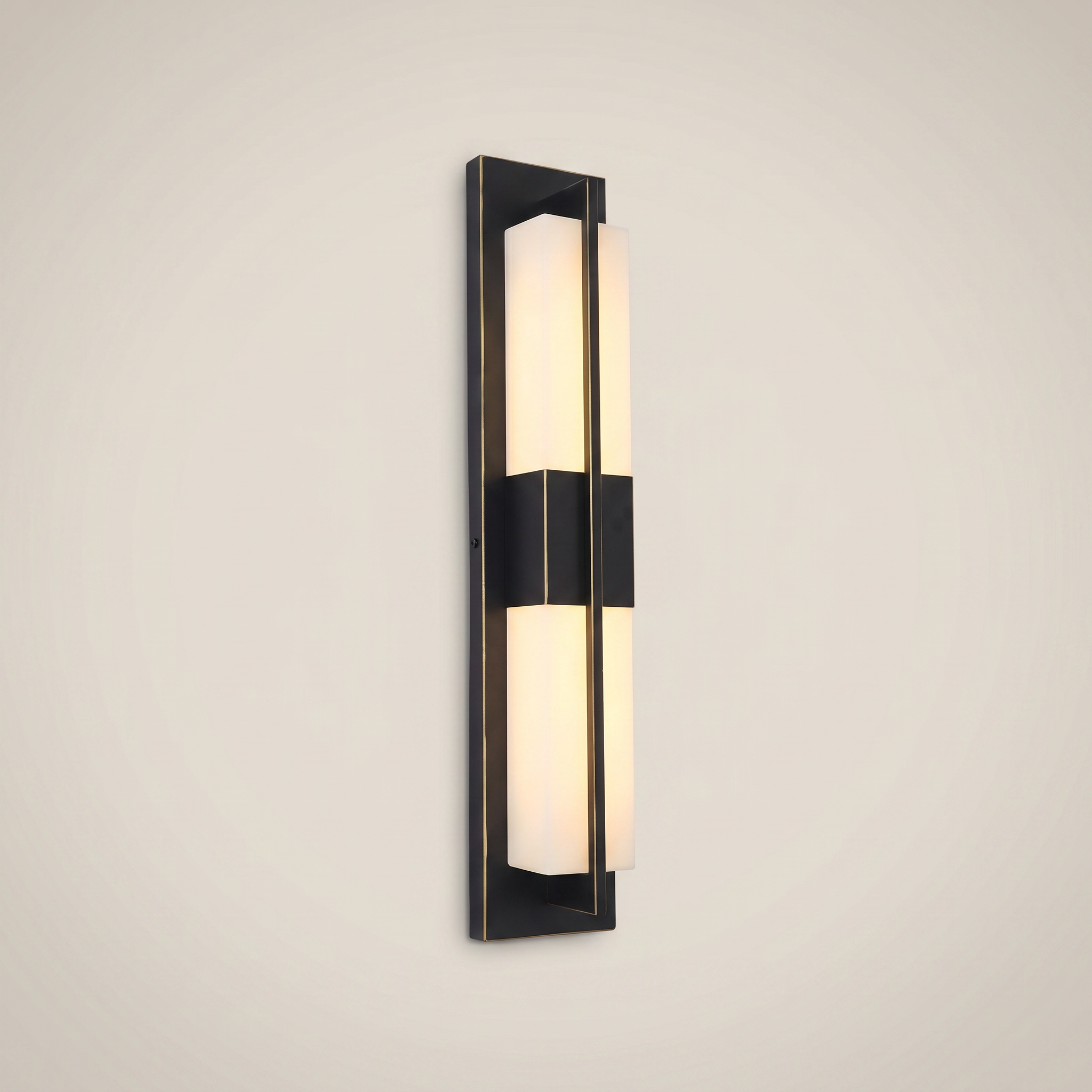 Front view of elongated gold outdoor water-resistant wall sconce Jingyi 4.7 inch wide by 31.5 inch tall lit warmly