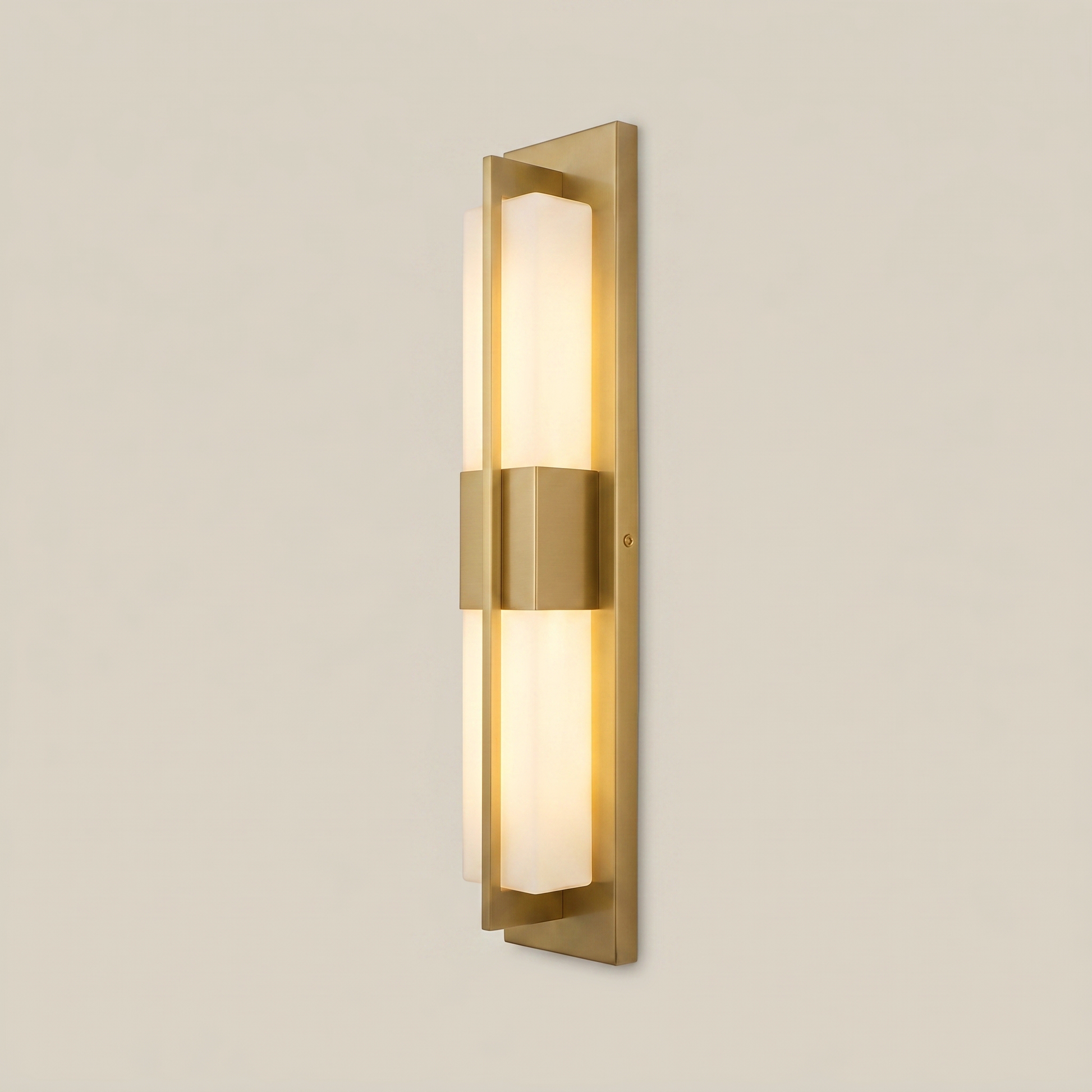 Close-up of elongated black outdoor water-resistant wall sconce Luming 4.7 inch by 23.5 inch lit showing sleek black finish